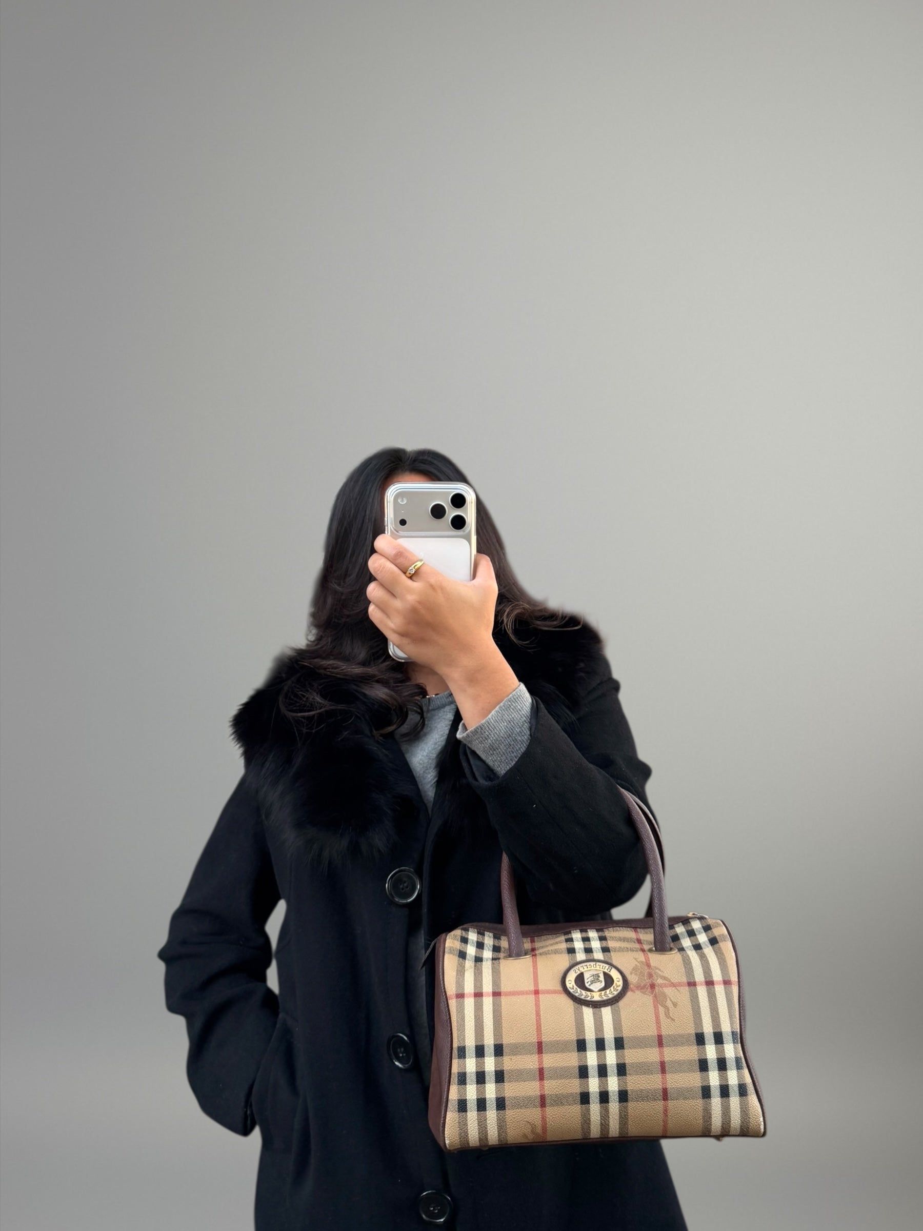 Burberrys mini Boston vintage in tela check e pelle marrone