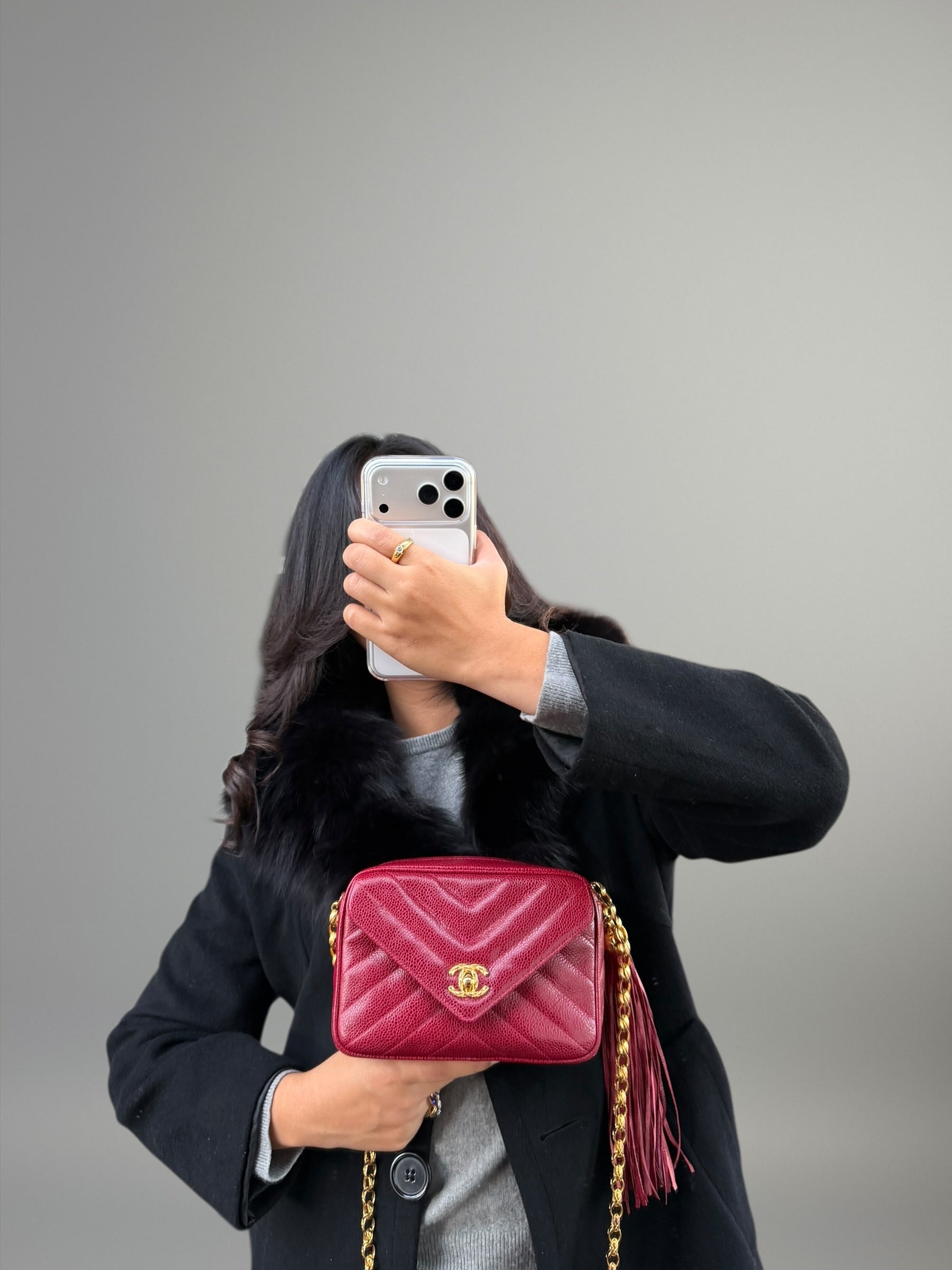 Chanel Vintage Camera Bag in Caviar Rosso con Frange