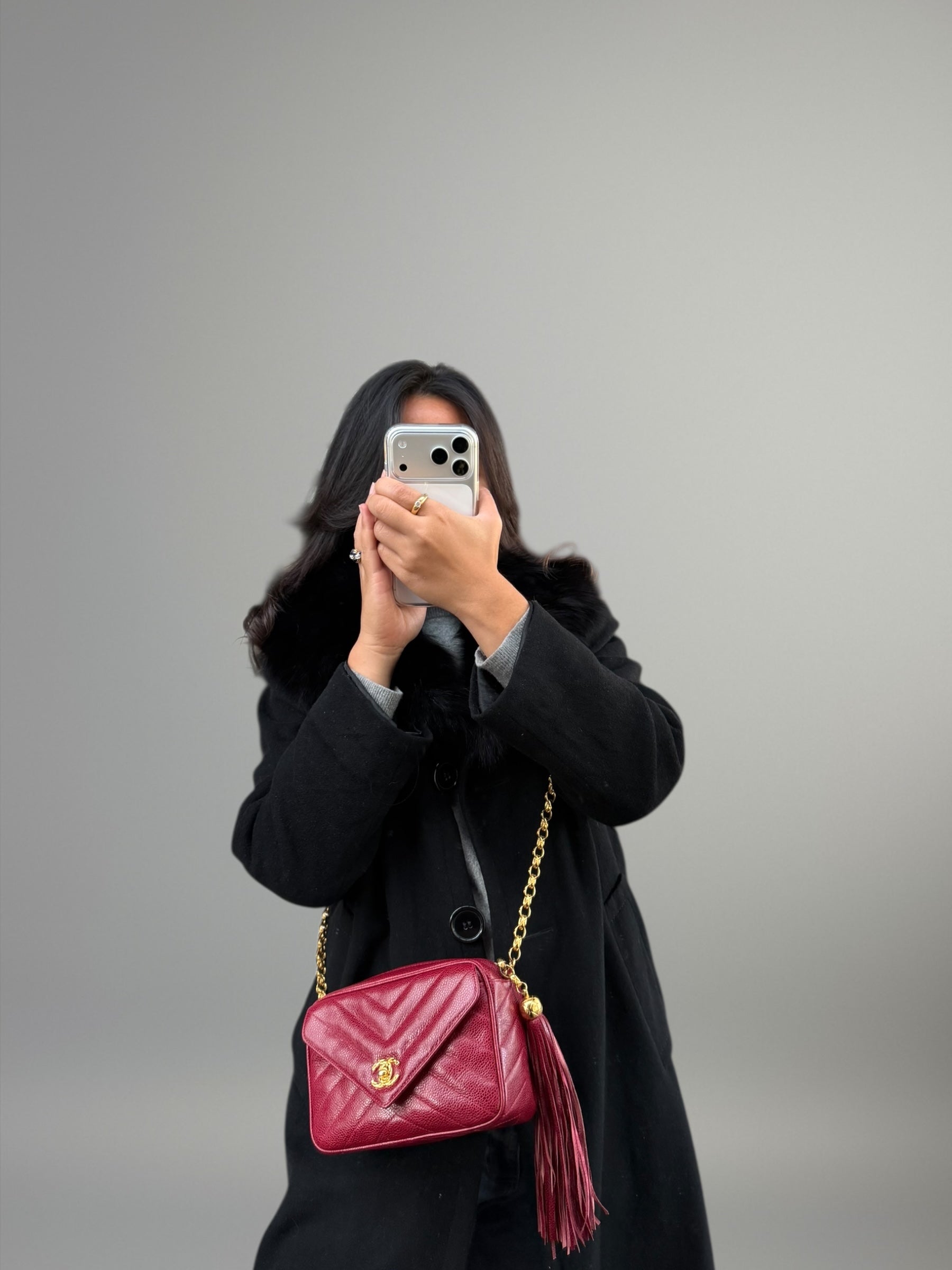 Chanel Vintage Camera Bag in Caviar Rosso con Frange