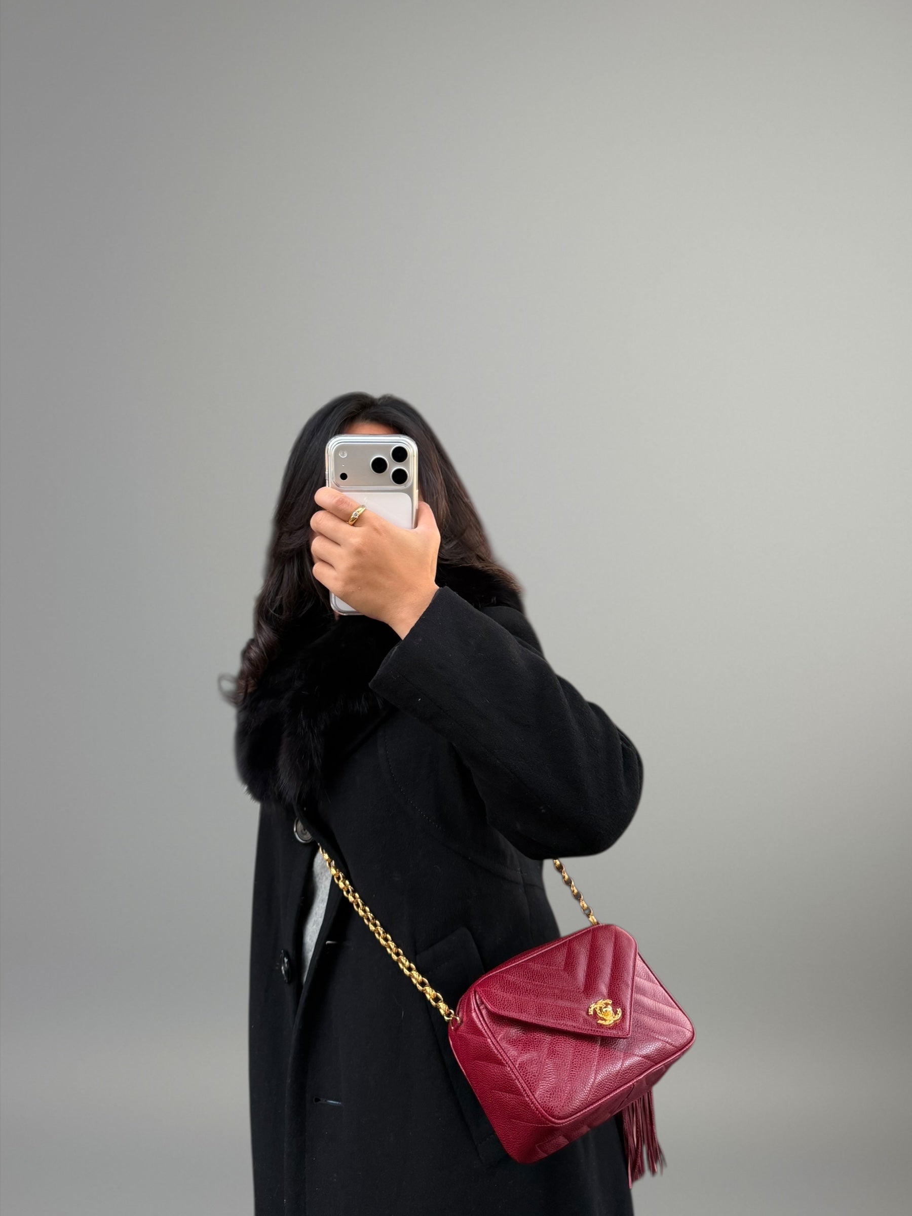 Chanel Vintage Camera Bag in Caviar Rosso con Frange