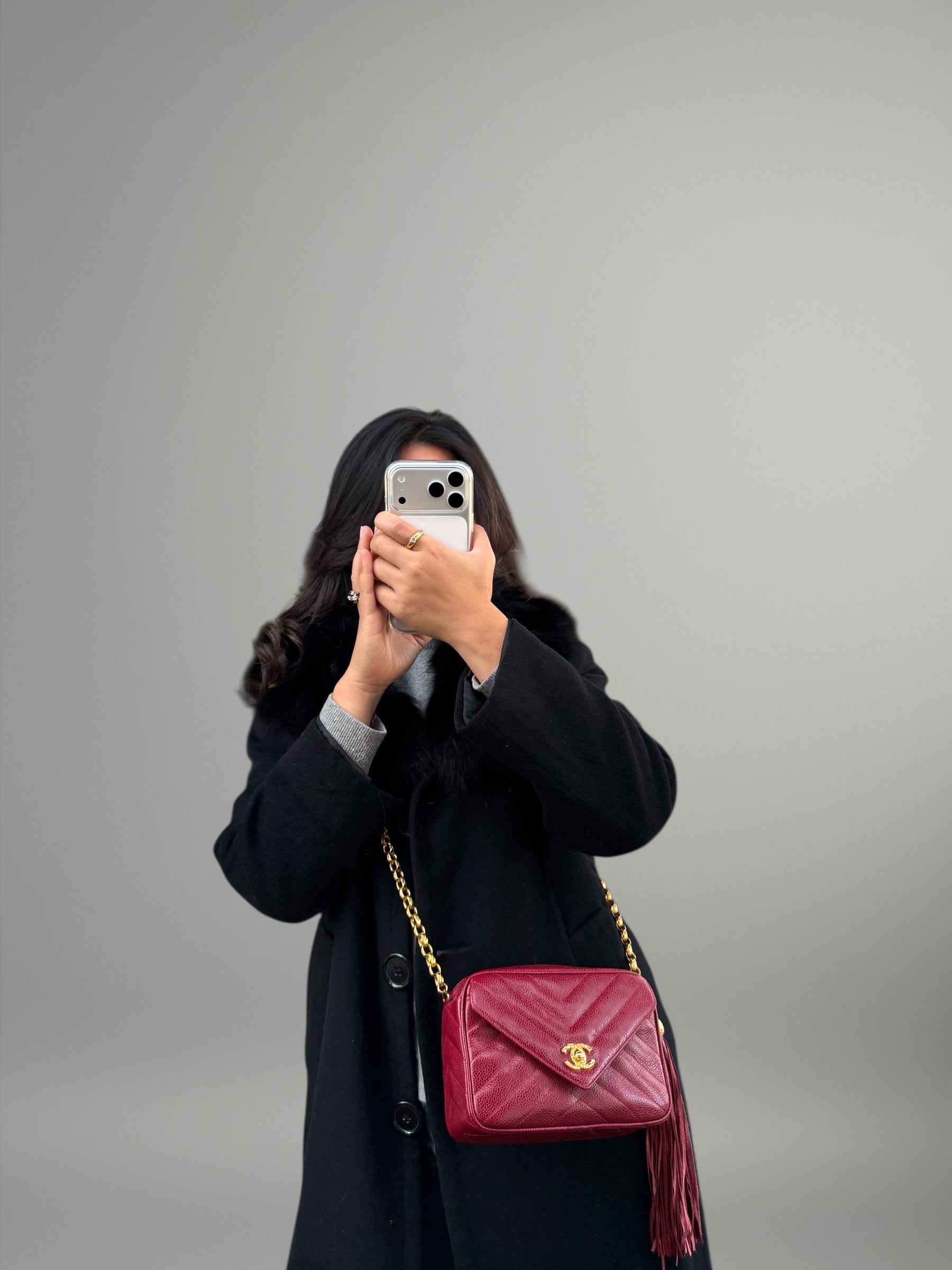 Chanel Vintage Camera Bag in Caviar Rosso con Frange