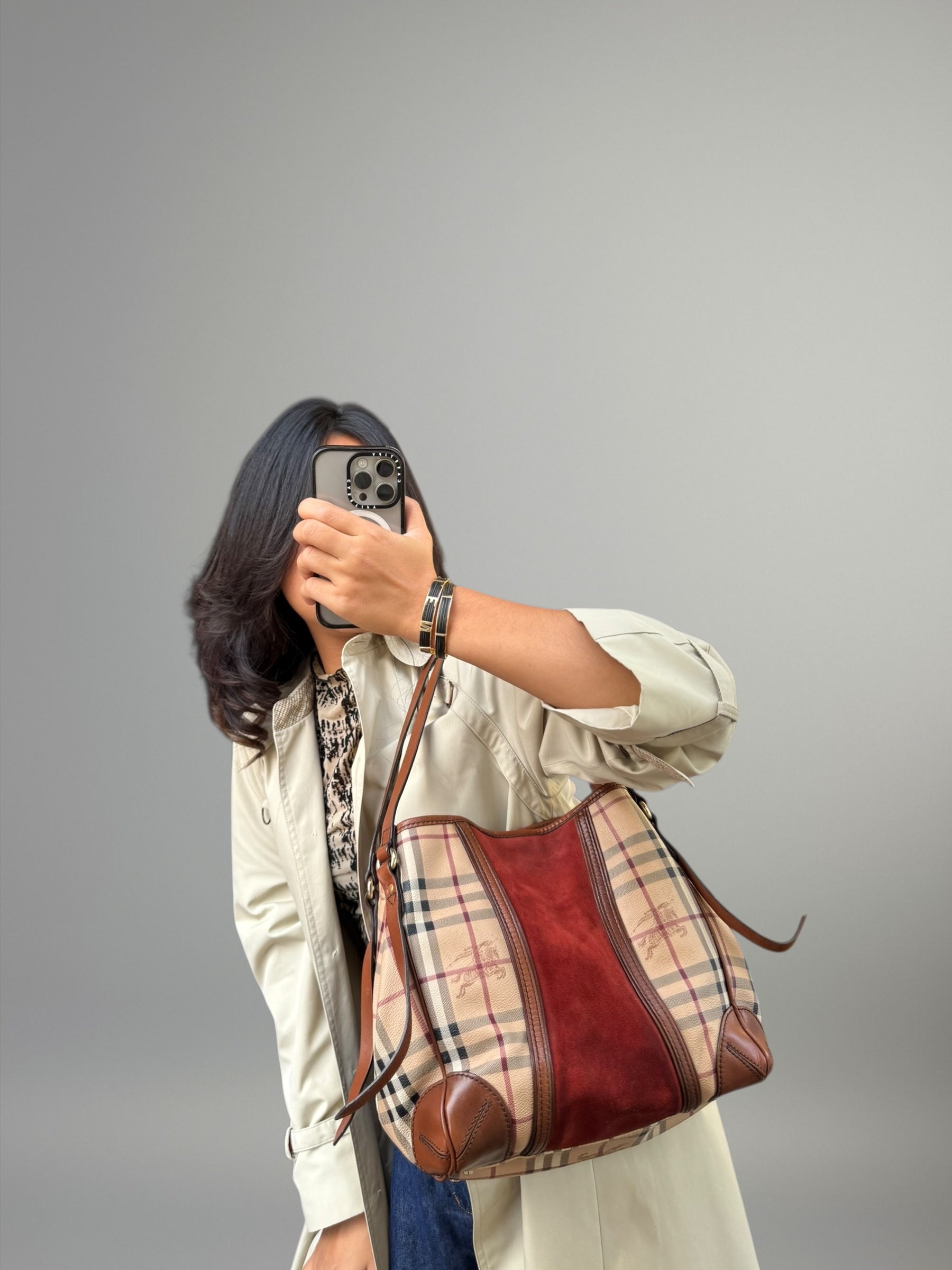 BURBERRY TOTE BAG CHECK & SUEDE BORDEAUX