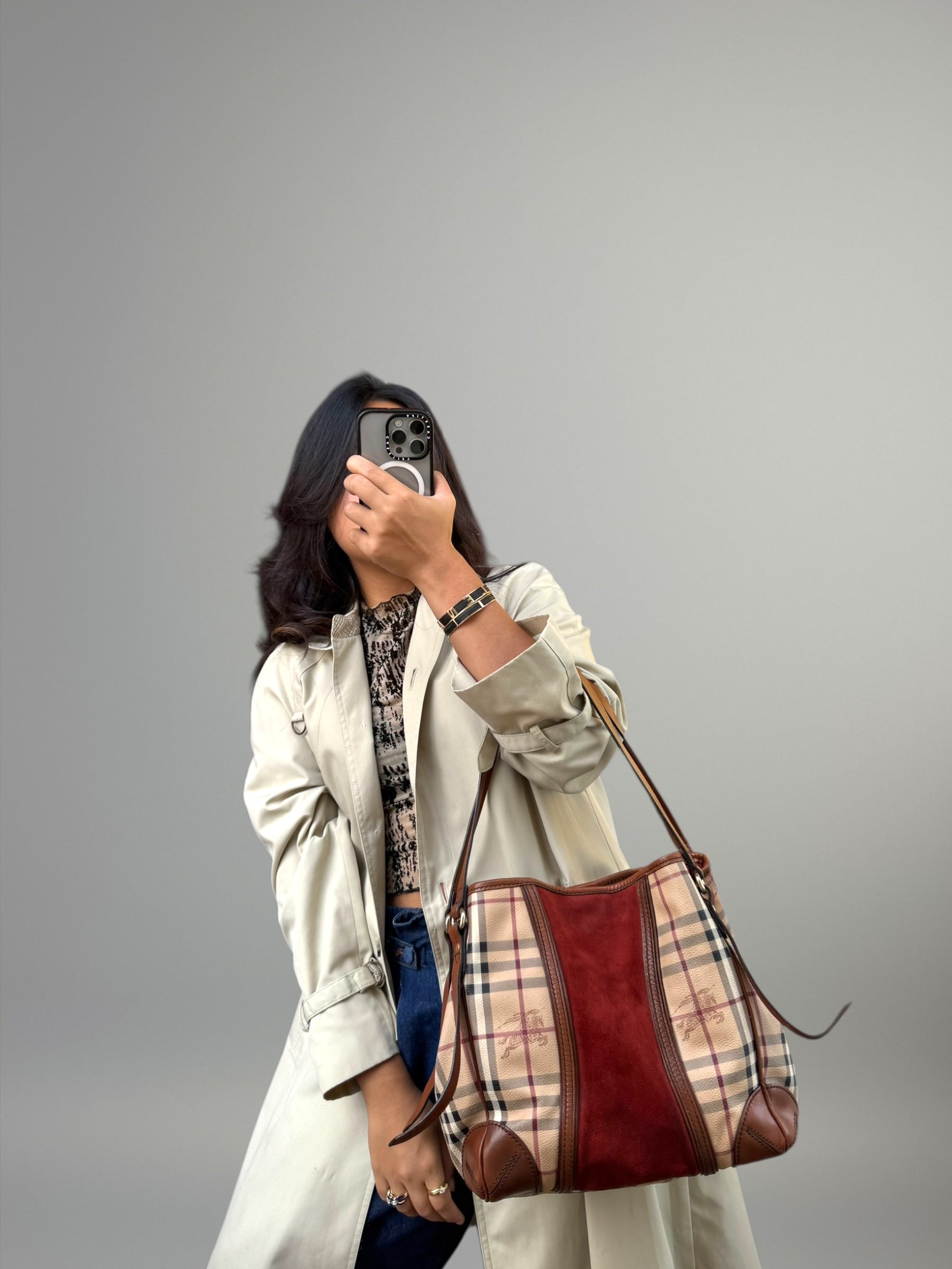 BURBERRY TOTE BAG CHECK & SUEDE BORDEAUX