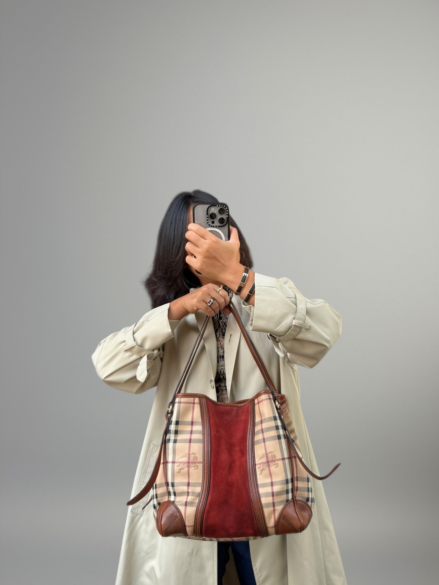 BURBERRY TOTE BAG CHECK & SUEDE BORDEAUX