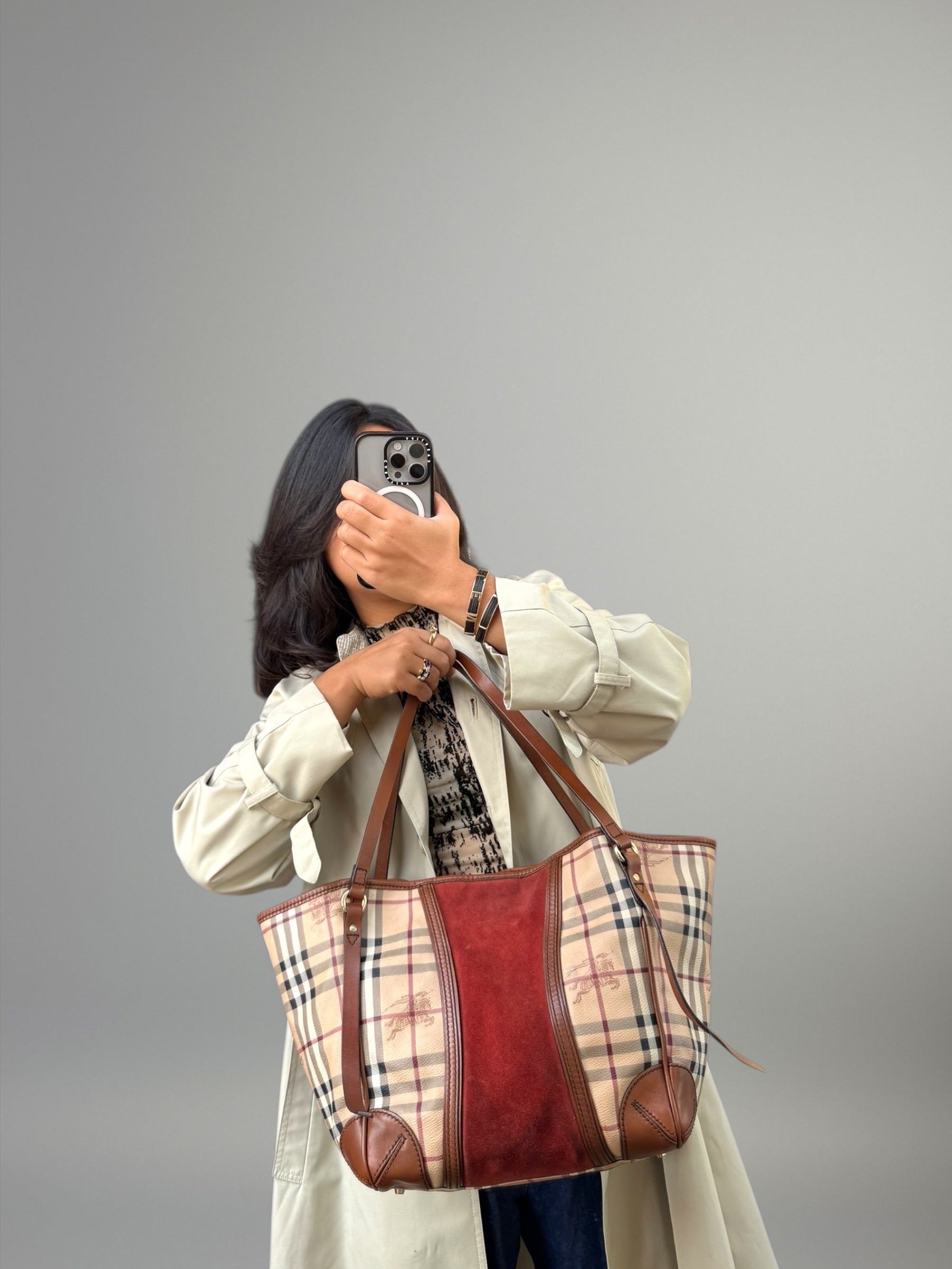 BURBERRY TOTE BAG CHECK & SUEDE BORDEAUX