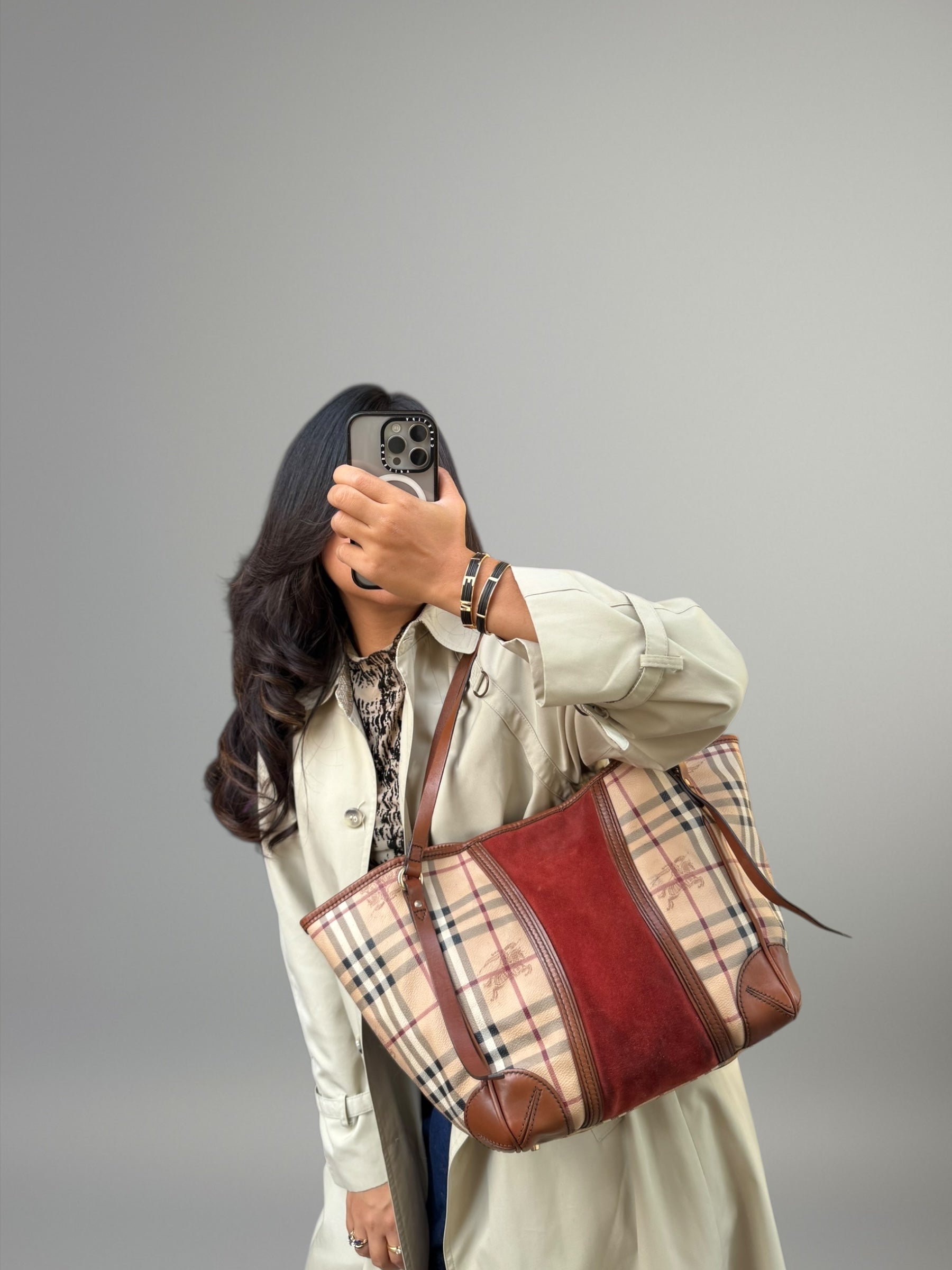 BURBERRY TOTE BAG CHECK & SUEDE BORDEAUX