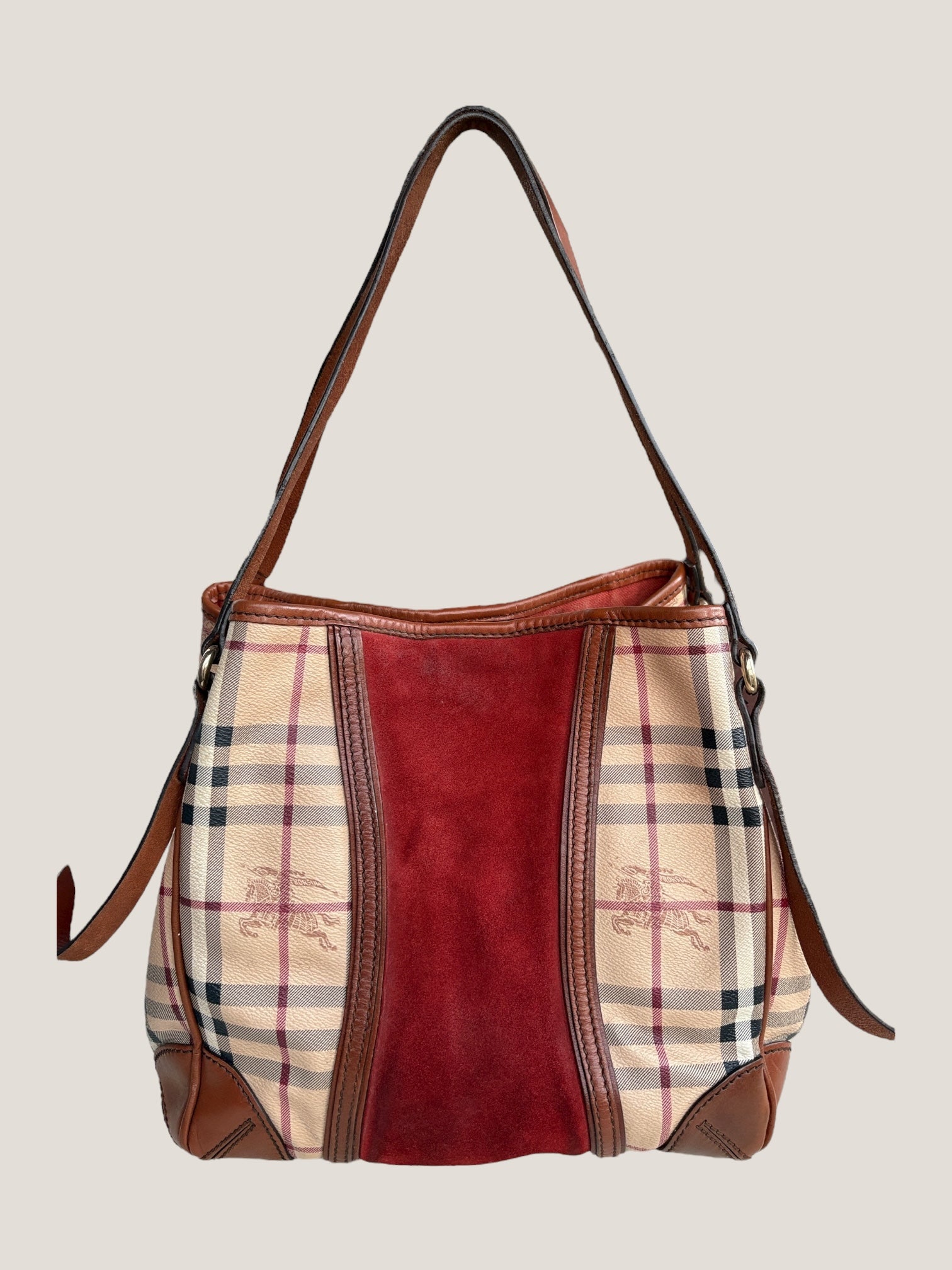 BURBERRY TOTE BAG CHECK & SUEDE BORDEAUX