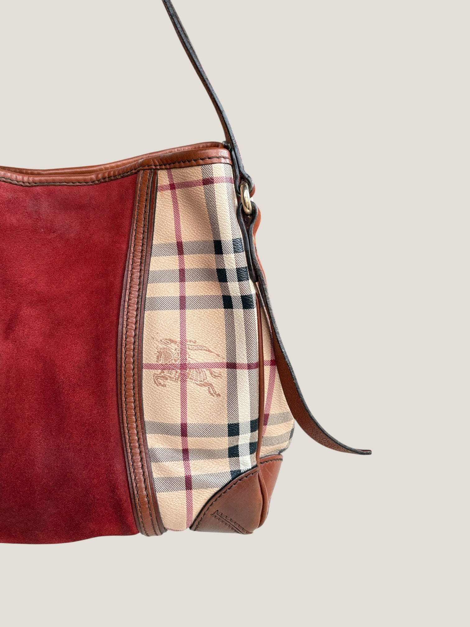 BURBERRY TOTE BAG CHECK & SUEDE BORDEAUX