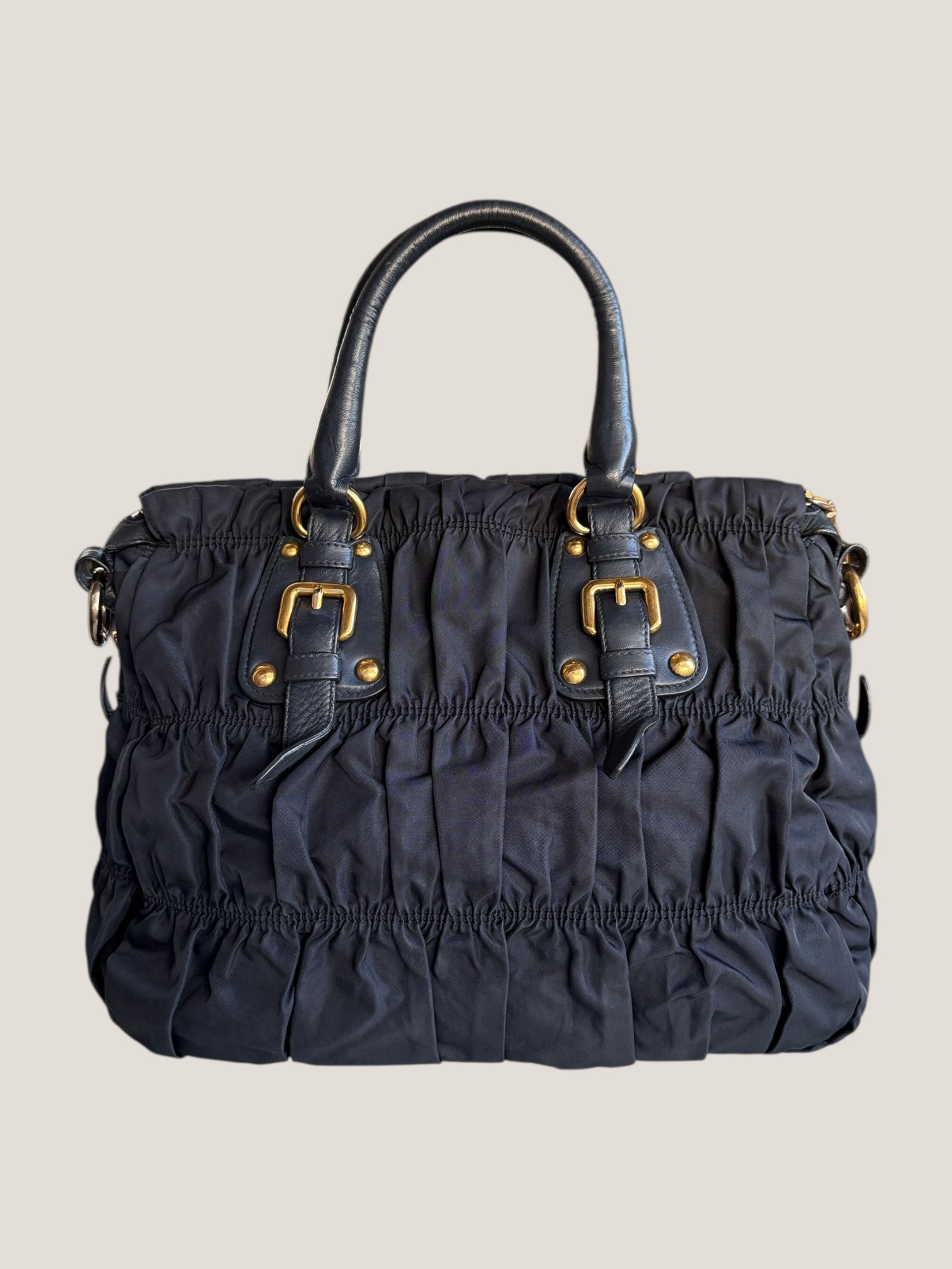 Prada Tote in Tessuto Blu con finiture in pelle e tracolla