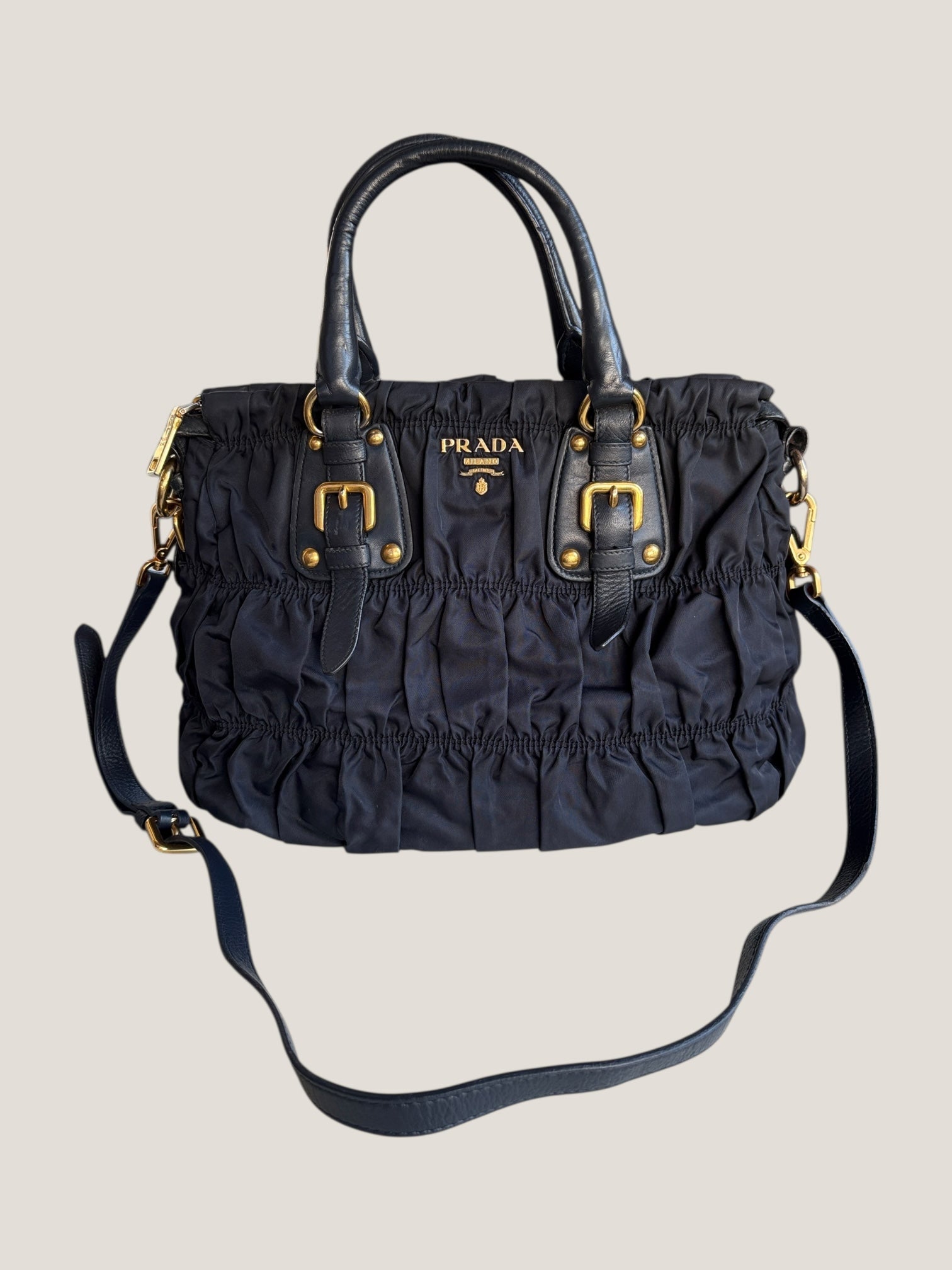 Prada Tote in Tessuto Blu con finiture in pelle e tracolla