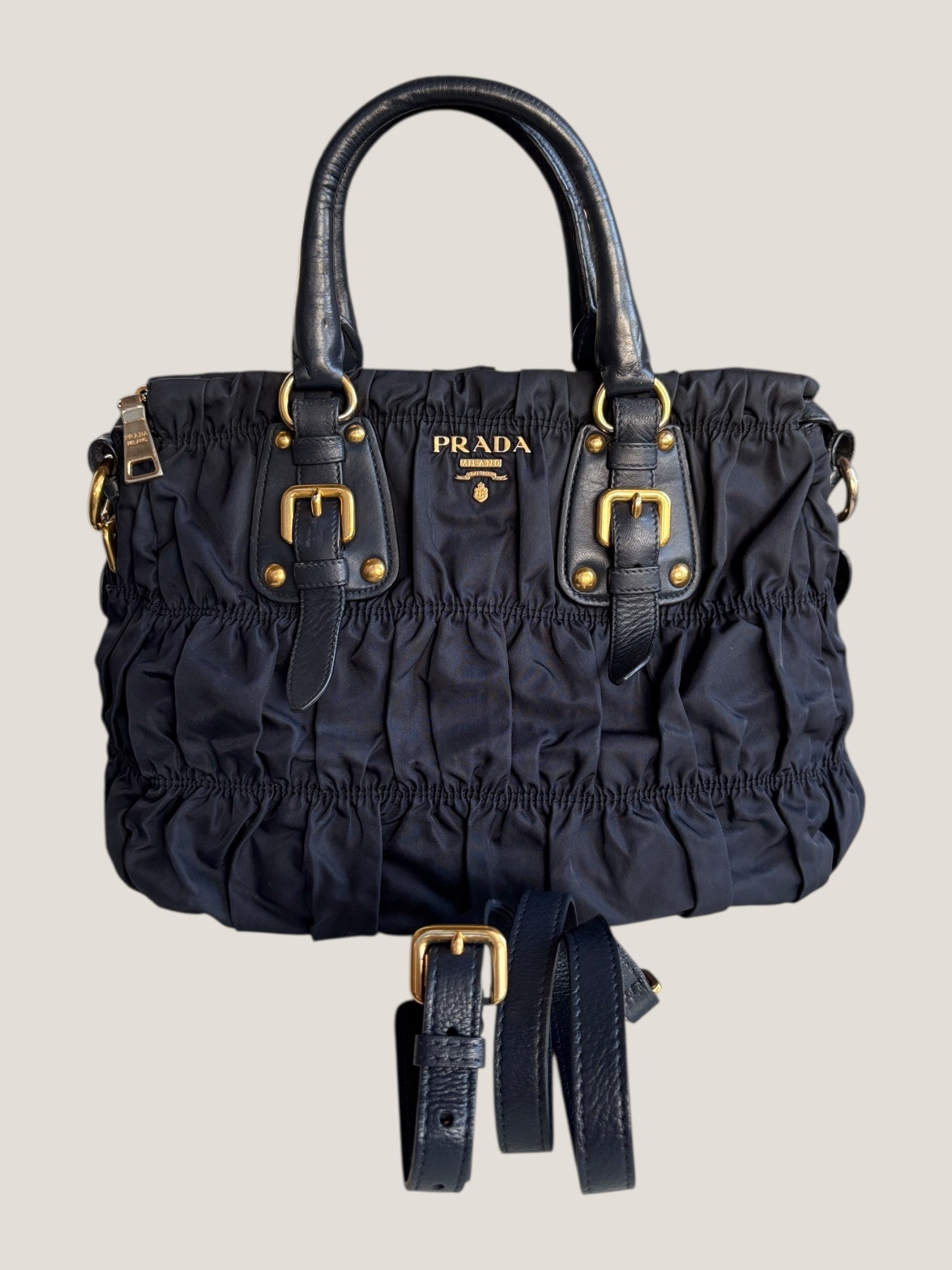 Prada Tote in Tessuto Blu con finiture in pelle e tracolla