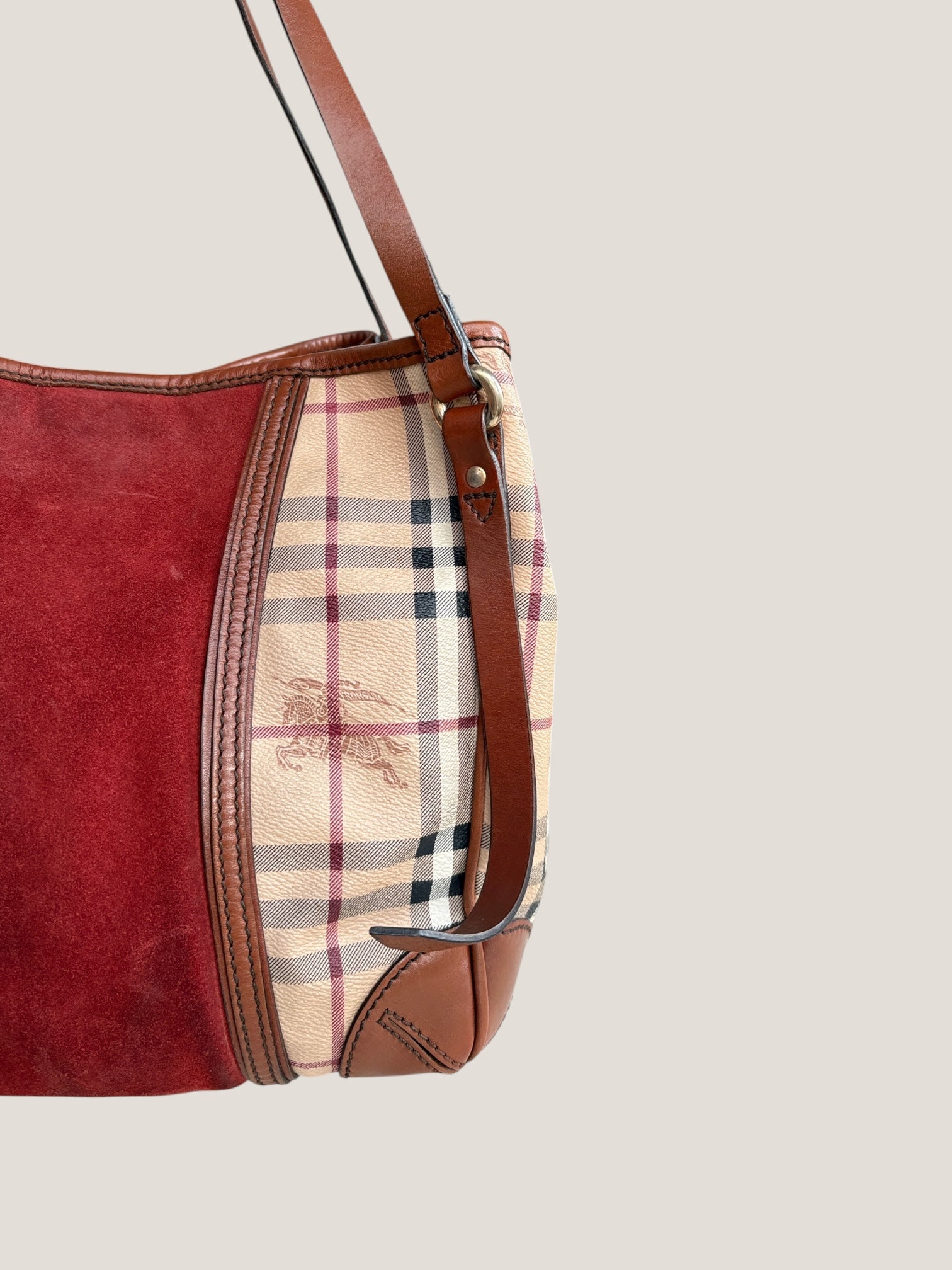 BURBERRY TOTE BAG CHECK & SUEDE BORDEAUX