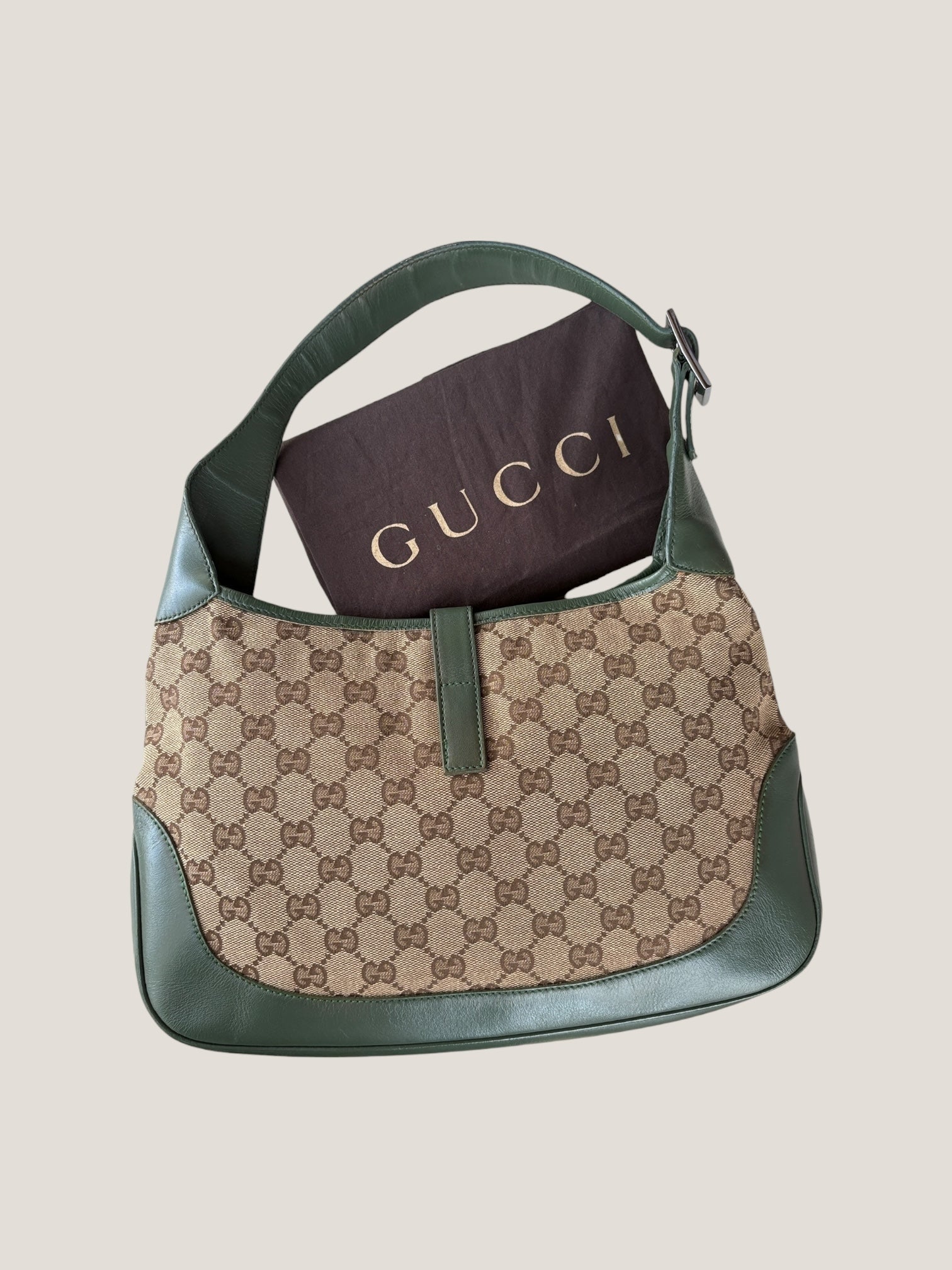 Gucci Jackie GG canvas con profili in pelle verde