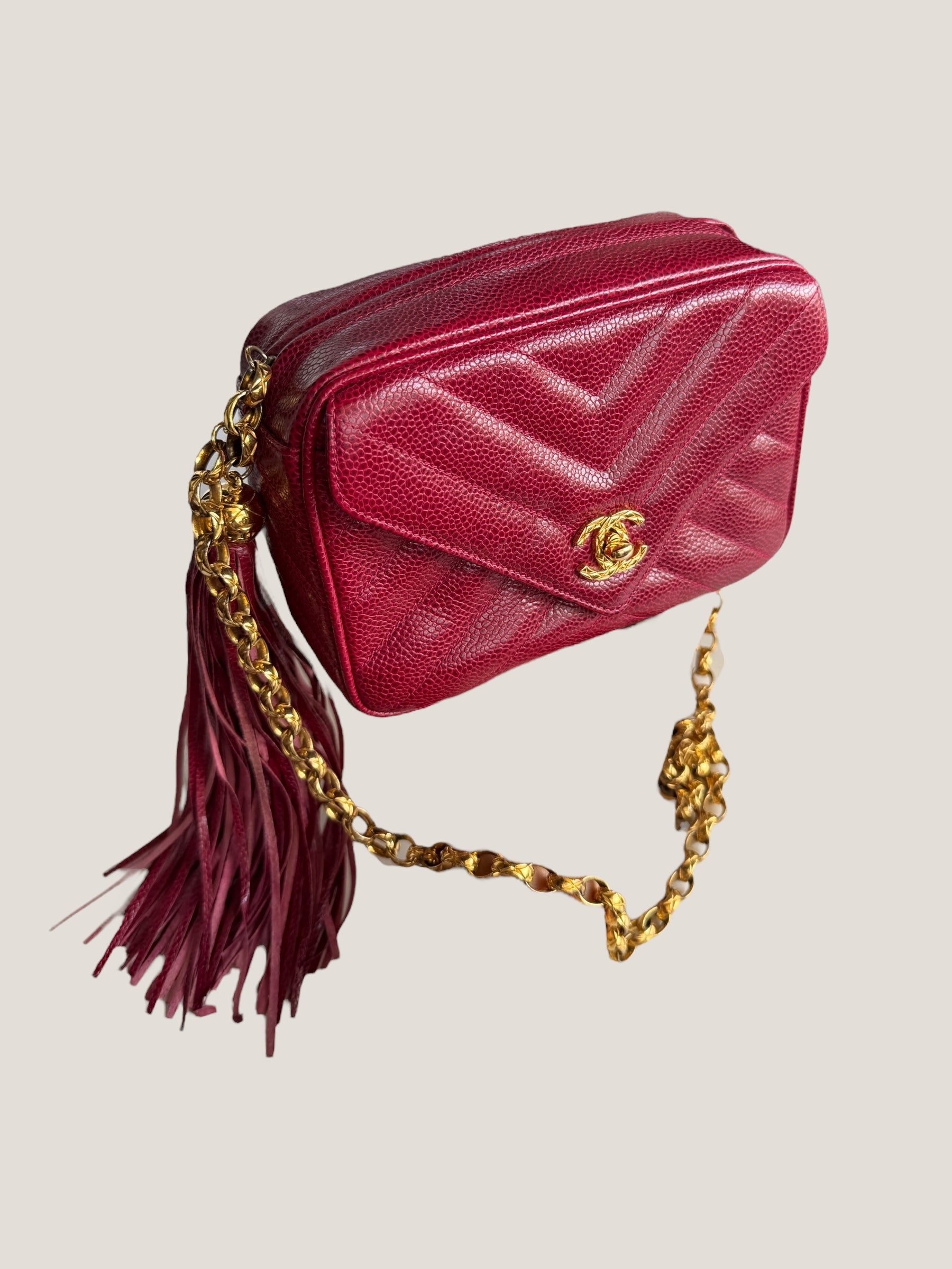Chanel Vintage Camera Bag in Caviar Rosso con Frange