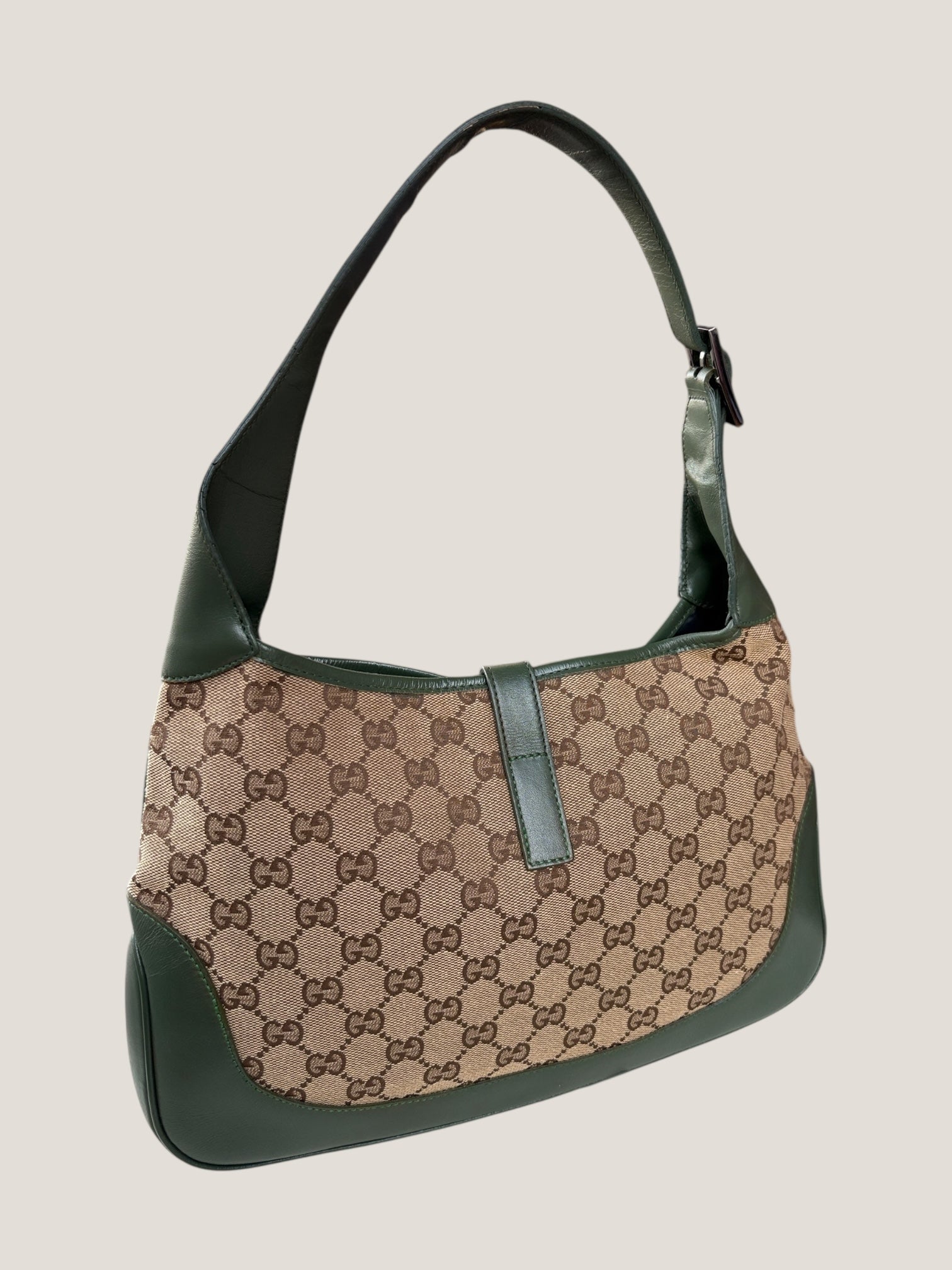 Gucci Jackie GG canvas con profili in pelle verde
