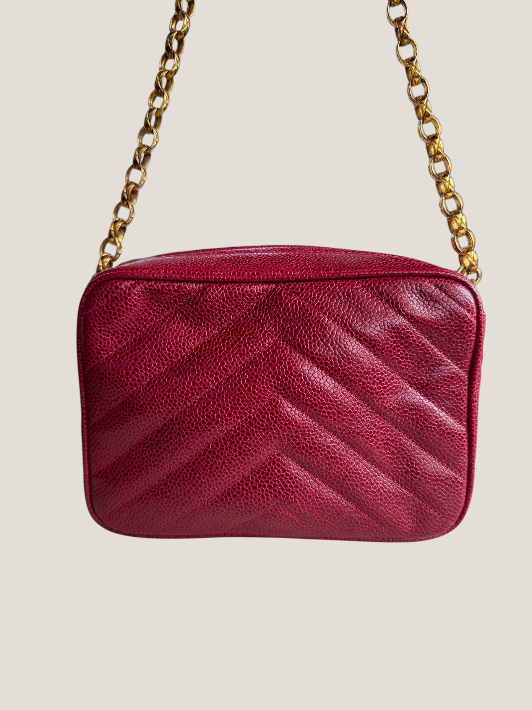 Chanel Vintage Camera Bag in Caviar Rosso con Frange