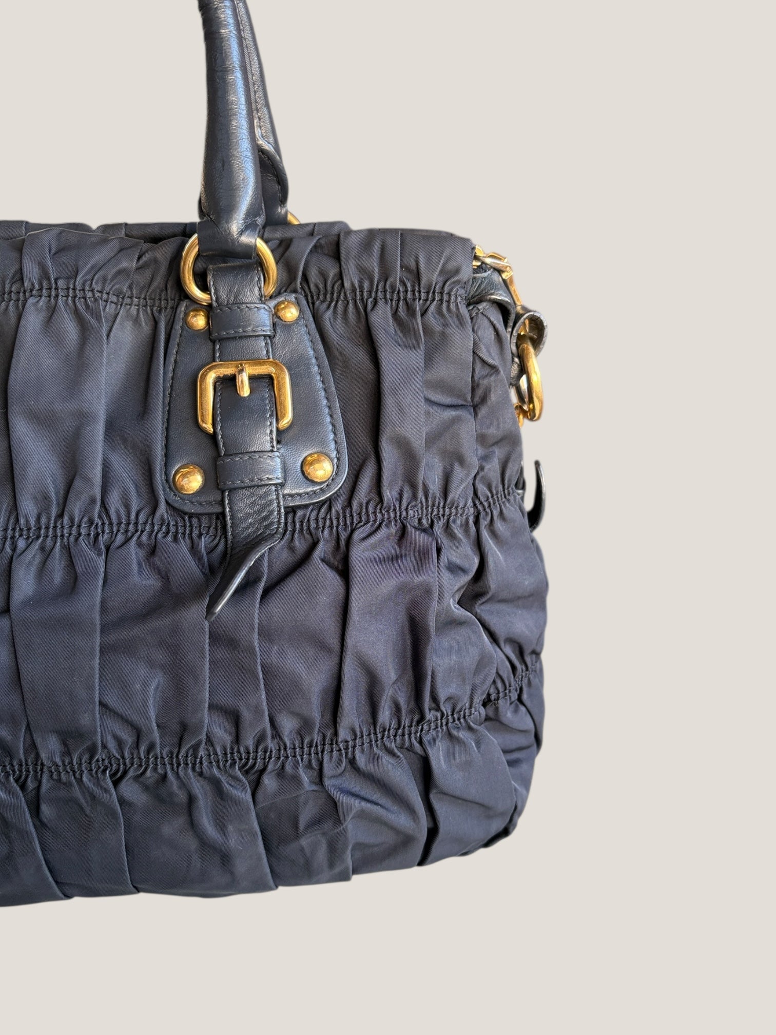 Prada Tote in Tessuto Blu con finiture in pelle e tracolla