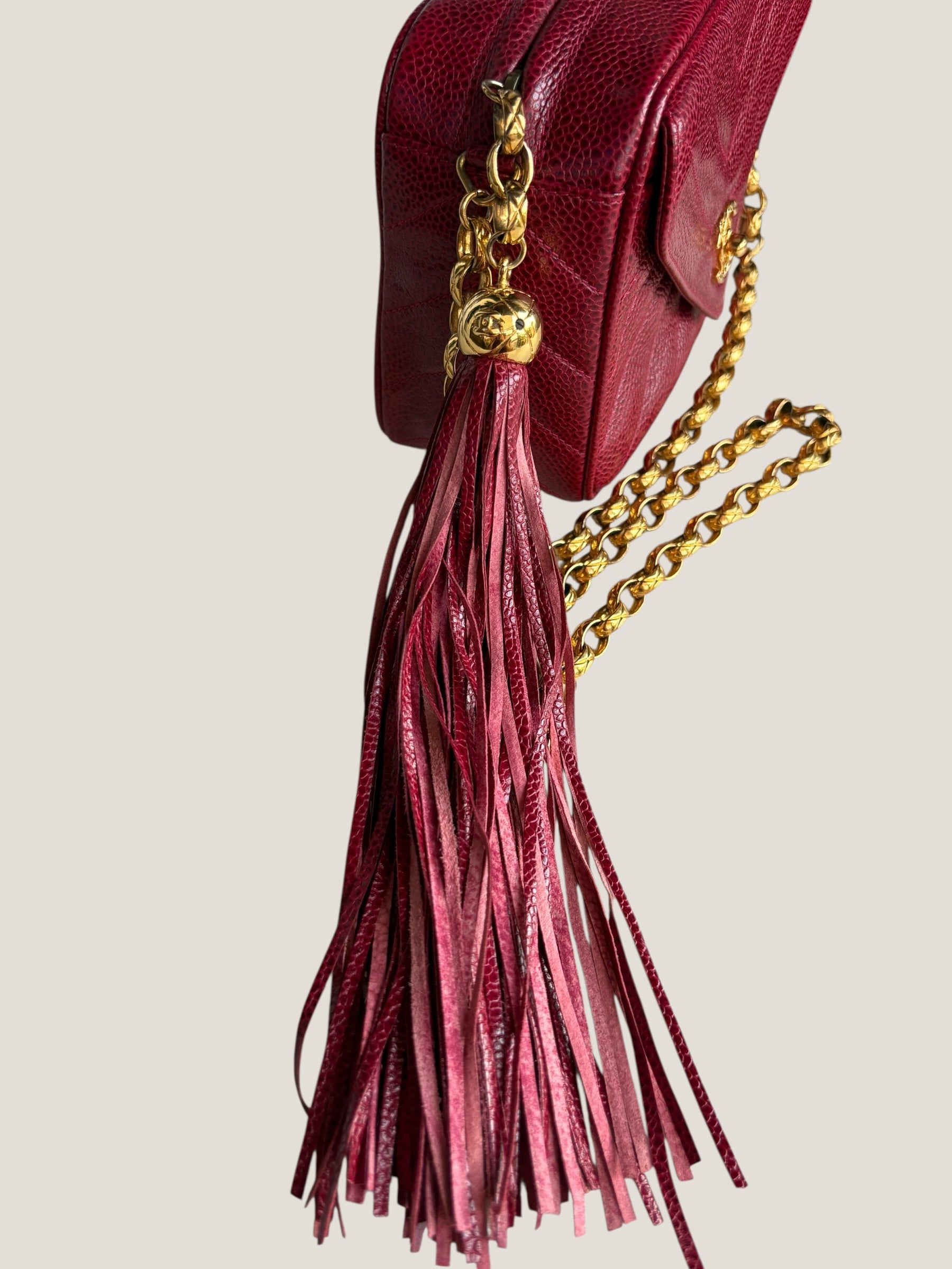 Chanel Vintage Camera Bag in Caviar Rosso con Frange