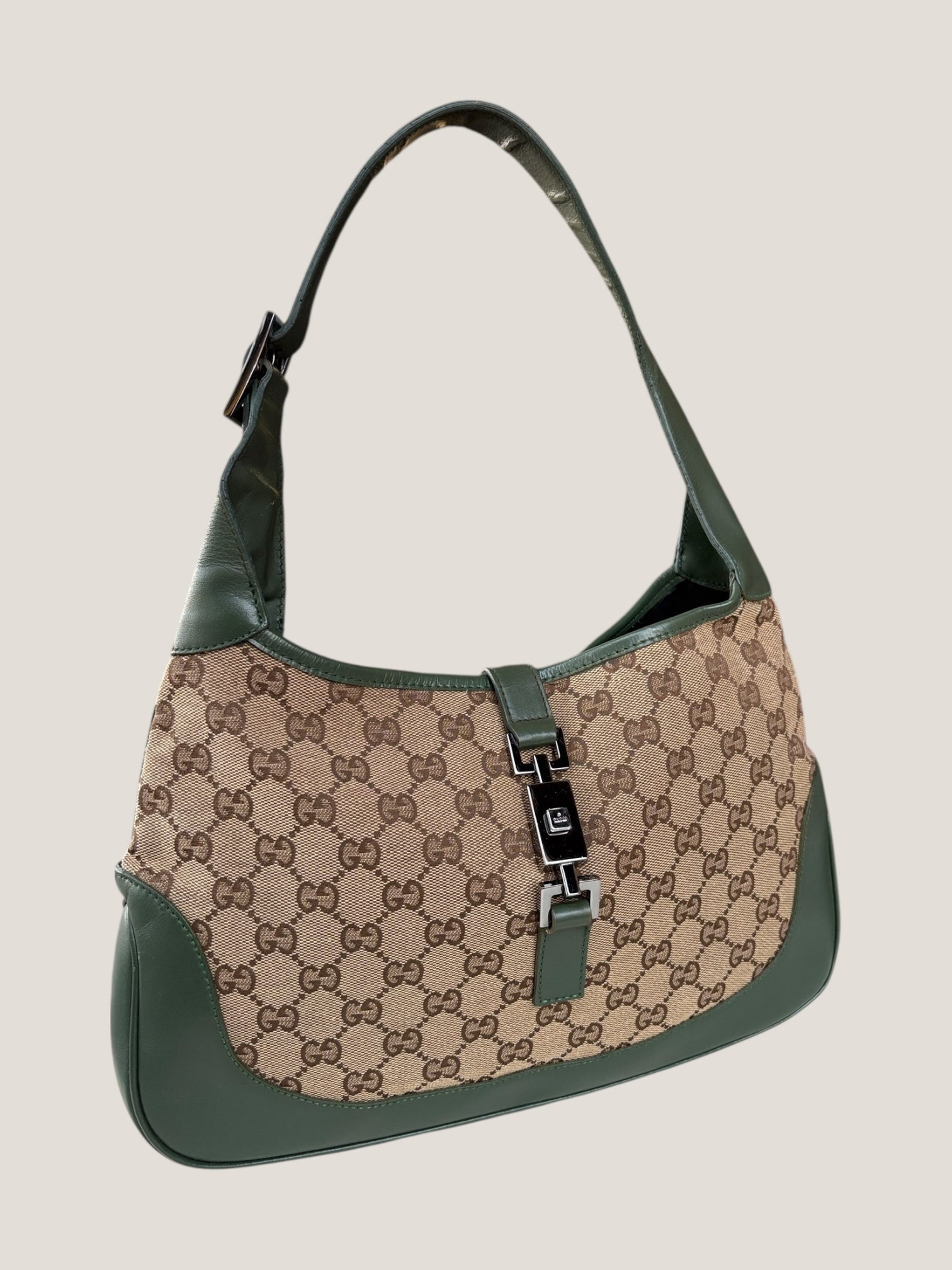 Gucci Jackie GG canvas con profili in pelle verde