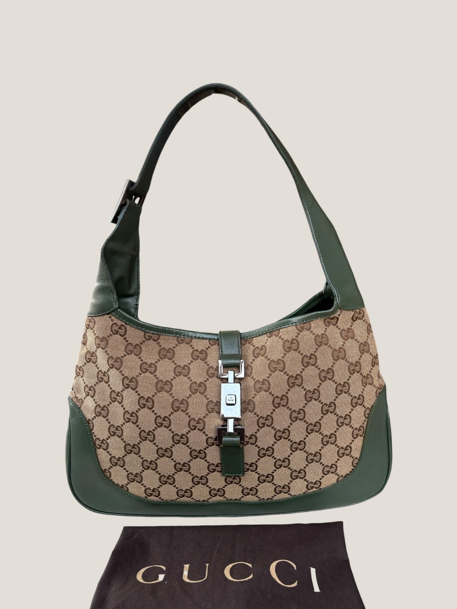 Gucci Jackie GG canvas con profili in pelle verde