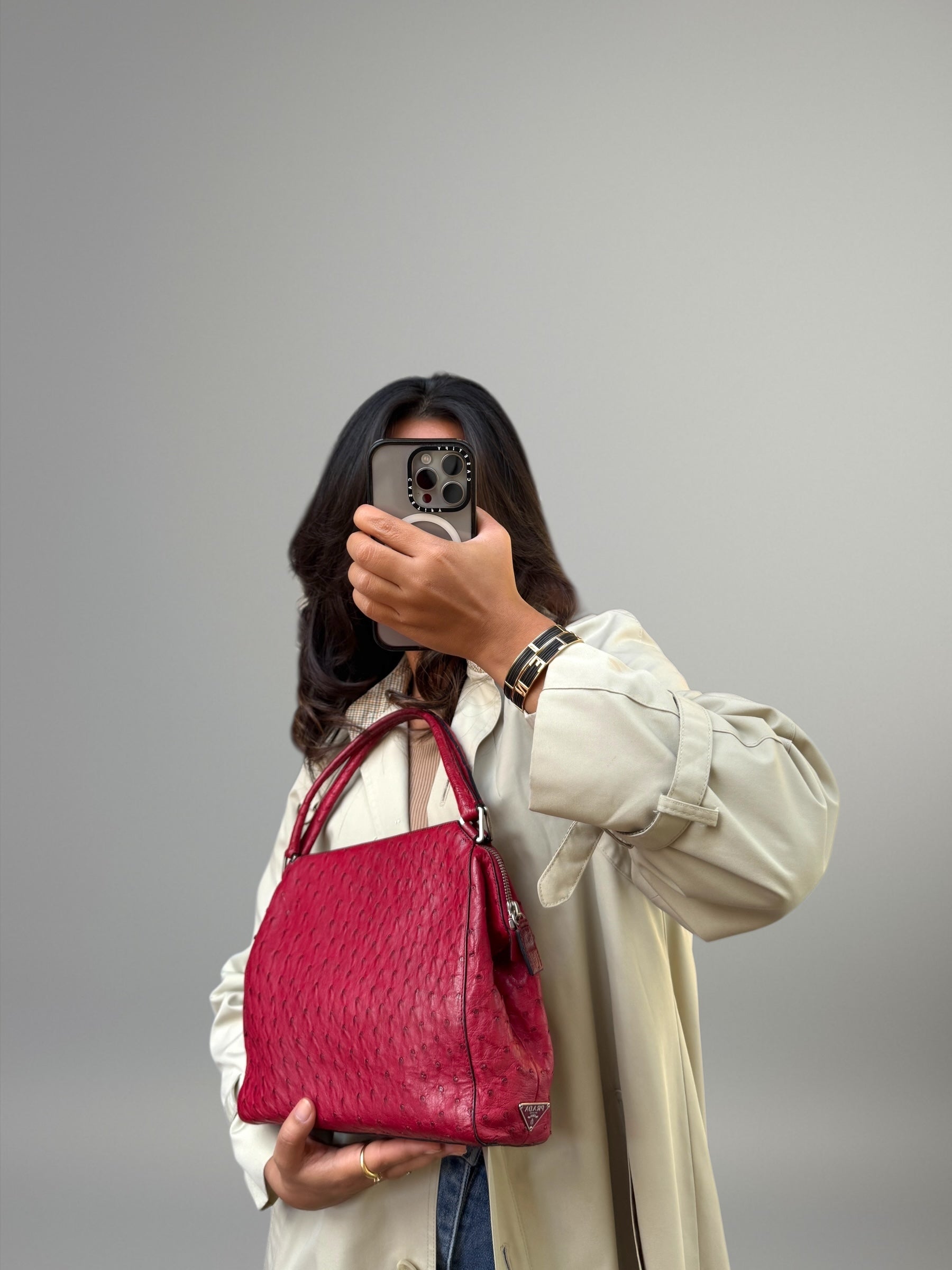 PRADA Borsa in pelle di struzzo rosso