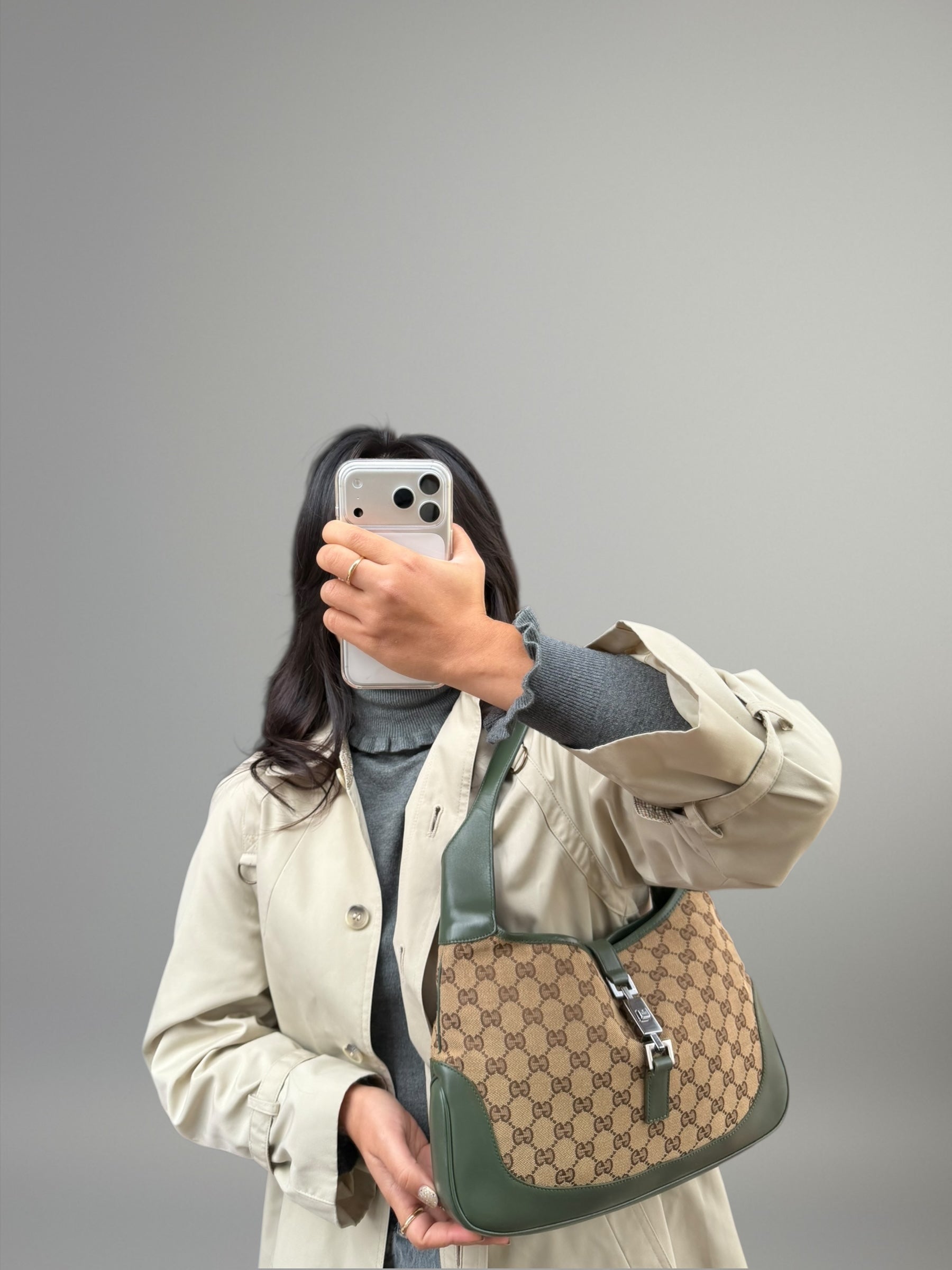 Gucci Jackie GG canvas con profili in pelle verde