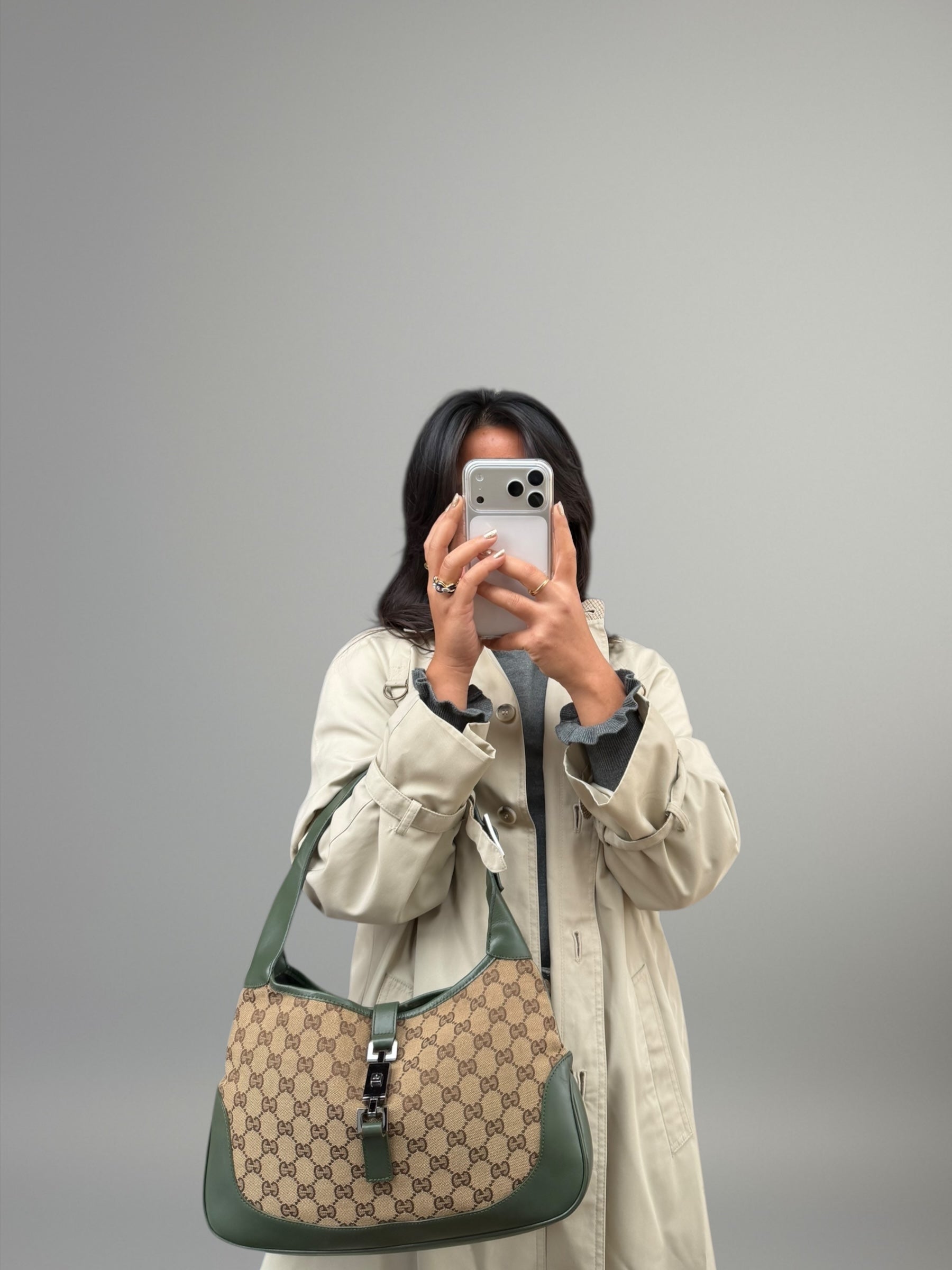 Gucci Jackie GG canvas con profili in pelle verde