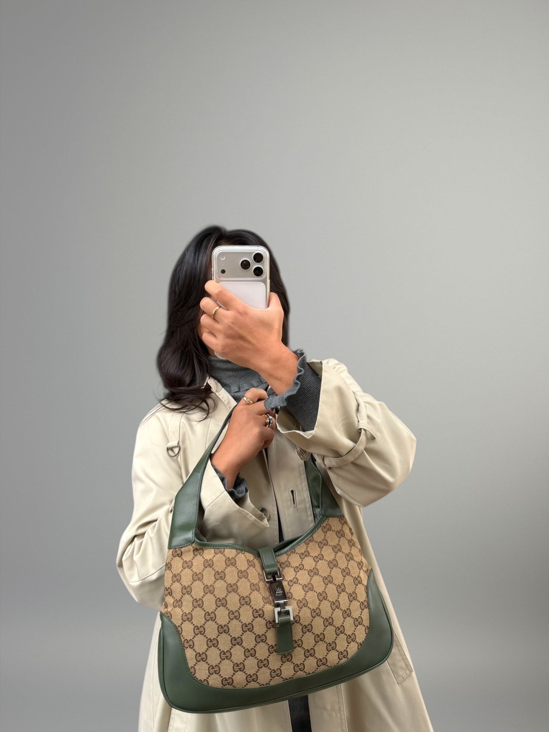 Gucci Jackie GG canvas con profili in pelle verde