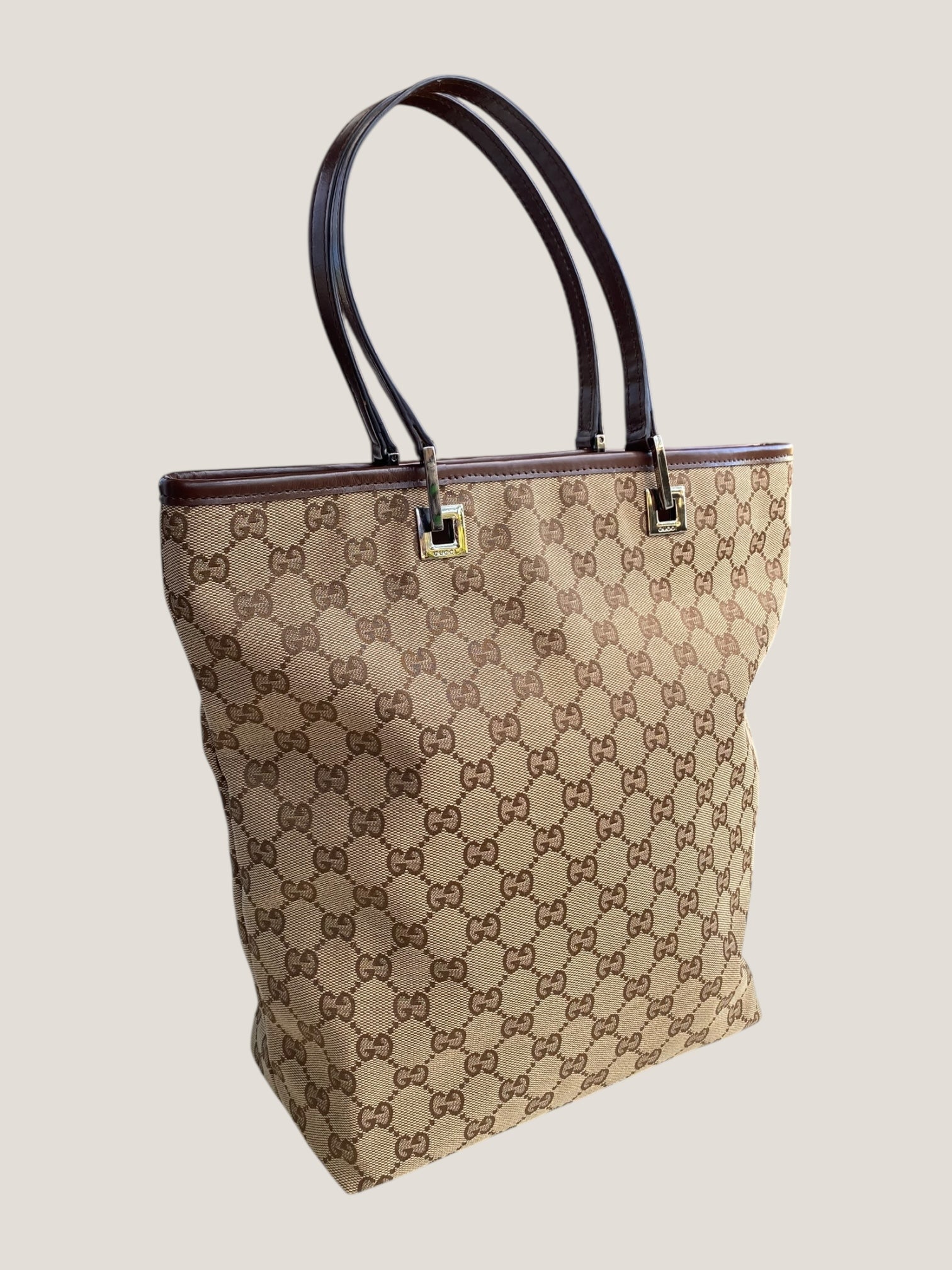 GUCCI Tote GG canvas con finiture in pelle marrone