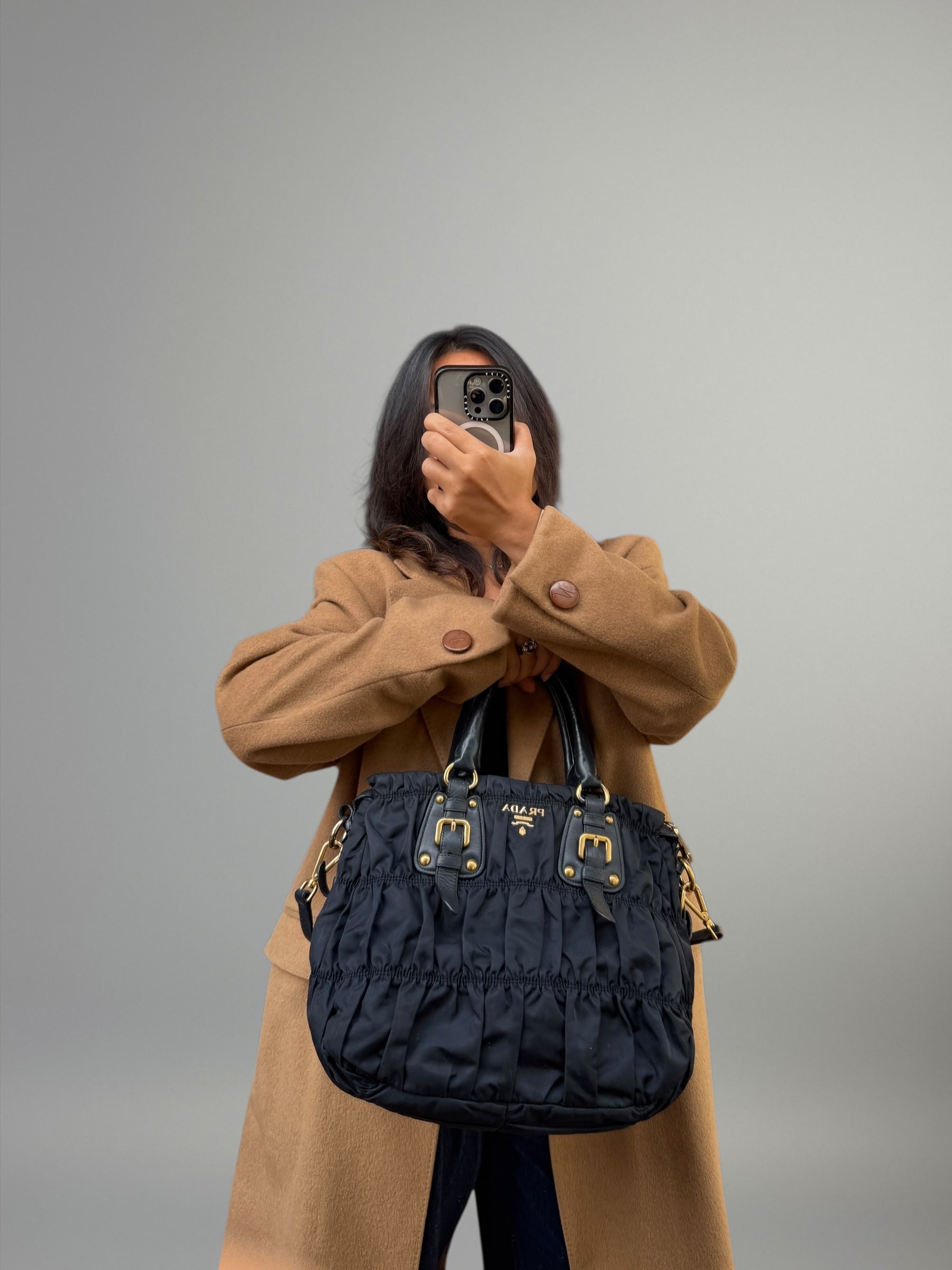 Prada Tote in Tessuto Blu con finiture in pelle e tracolla