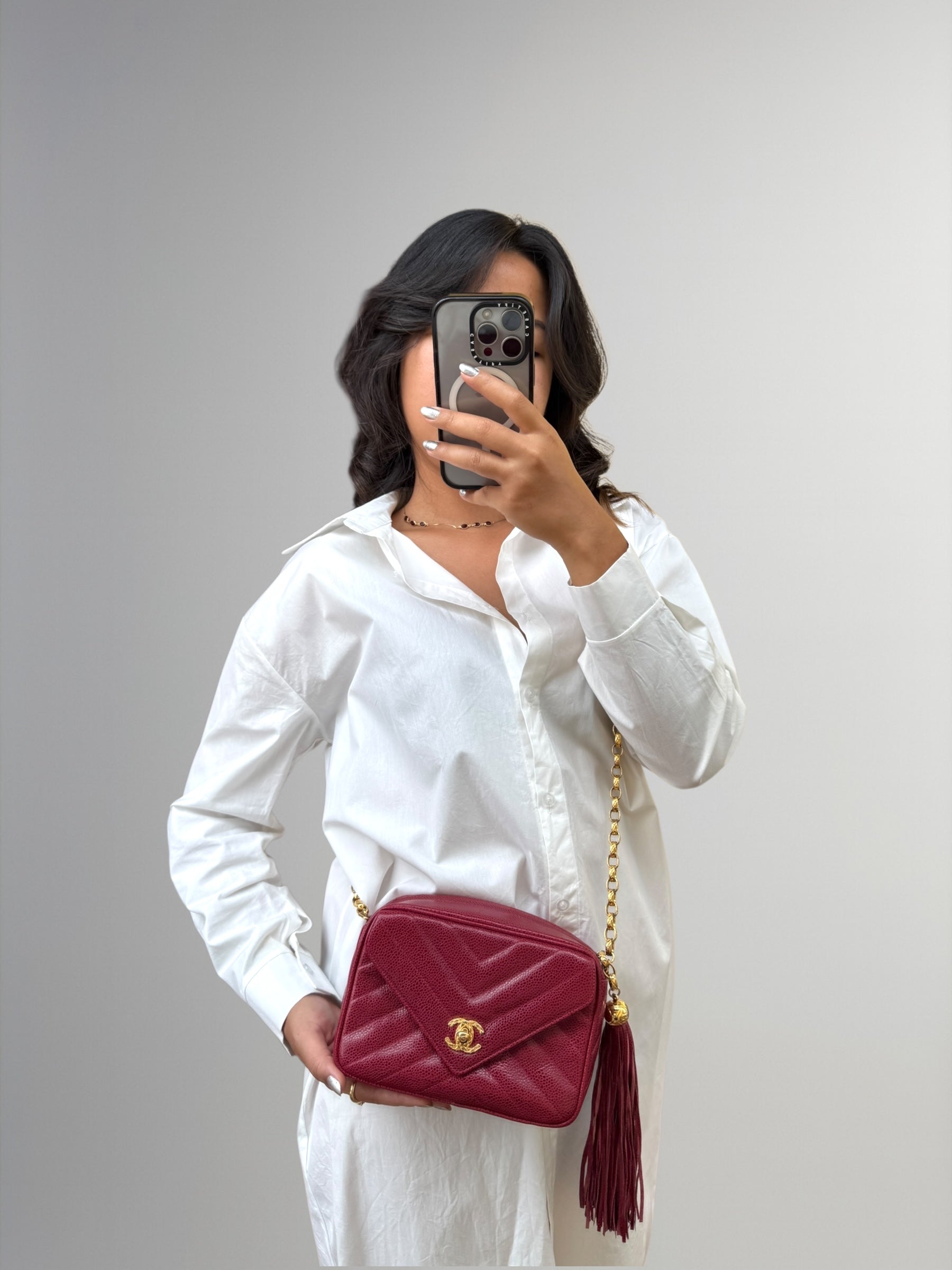Chanel Vintage Camera Bag in Caviar Rosso con Frange