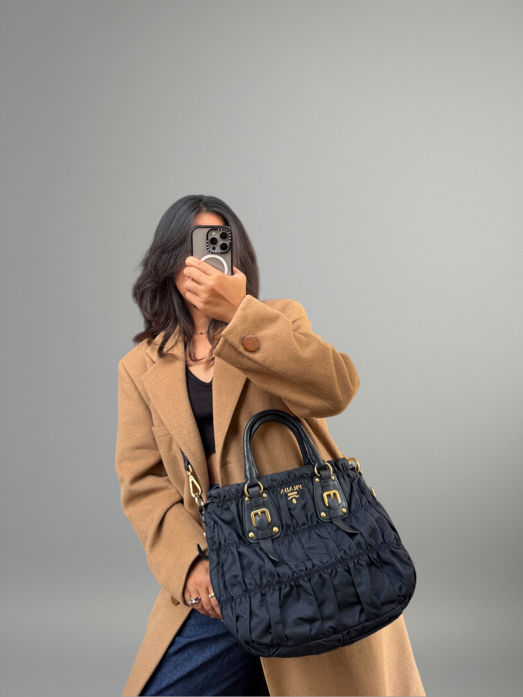 Prada Tote in Tessuto Blu con finiture in pelle e tracolla