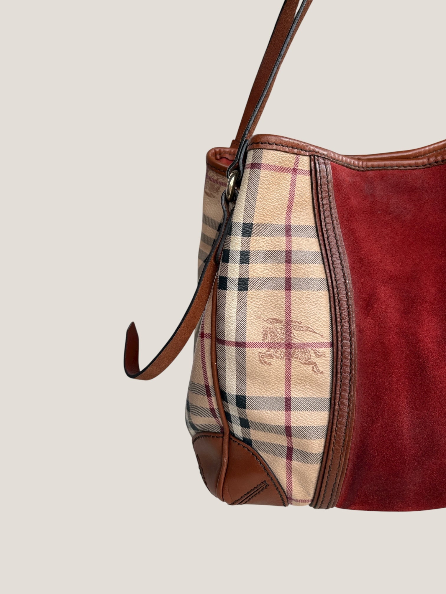 BURBERRY TOTE BAG CHECK & SUEDE BORDEAUX