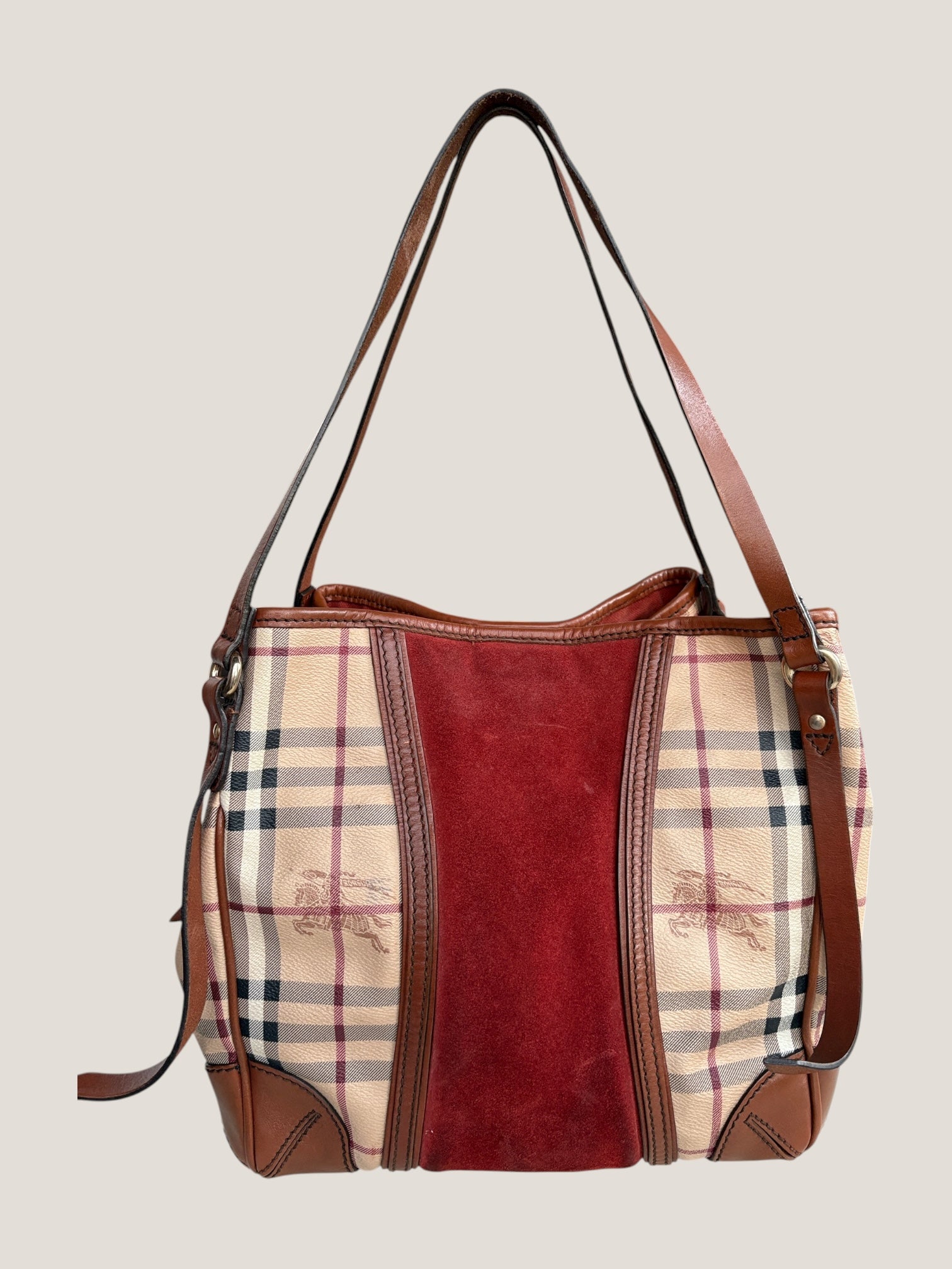 BURBERRY TOTE BAG CHECK & SUEDE BORDEAUX