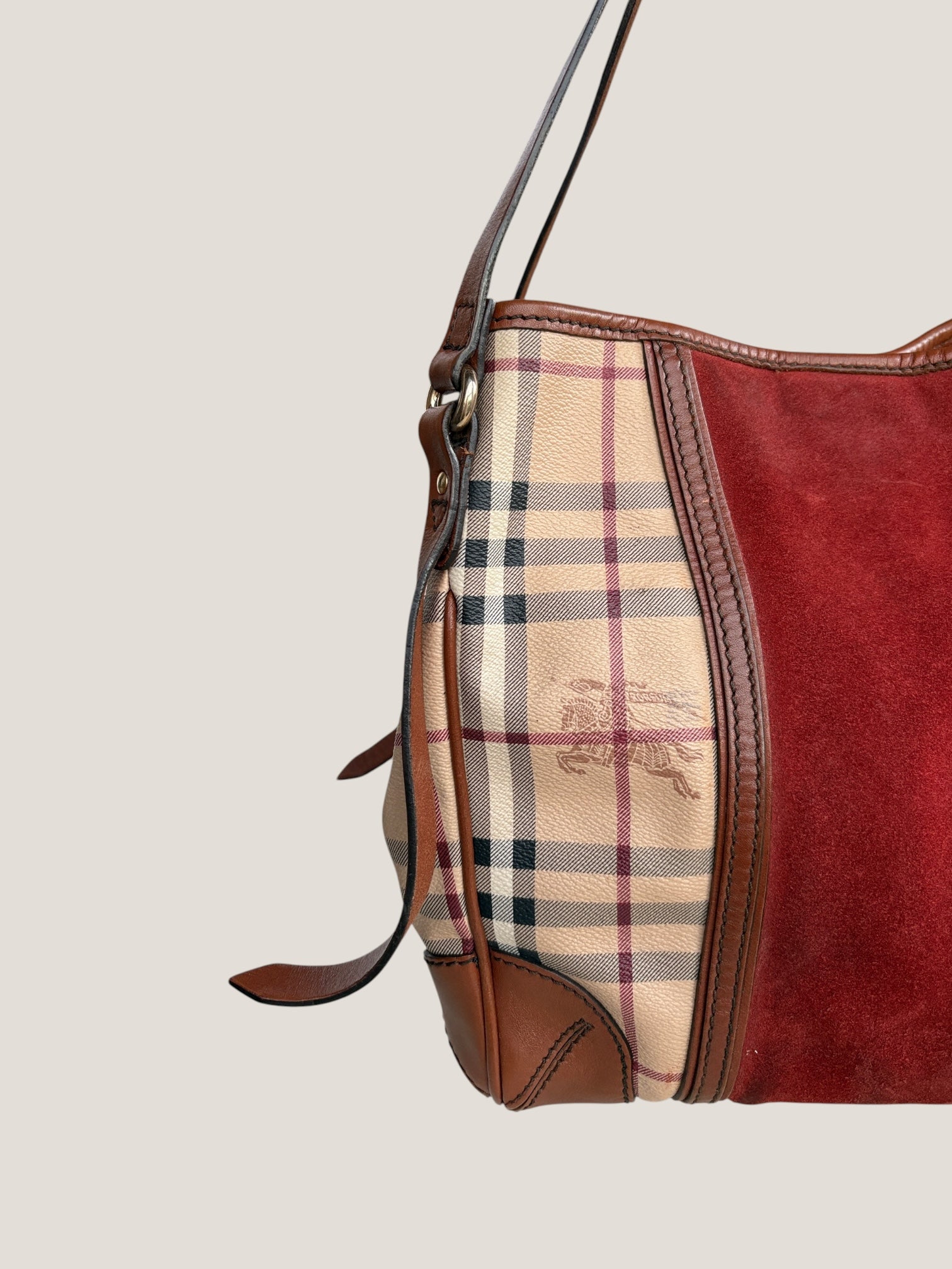 BURBERRY TOTE BAG CHECK & SUEDE BORDEAUX