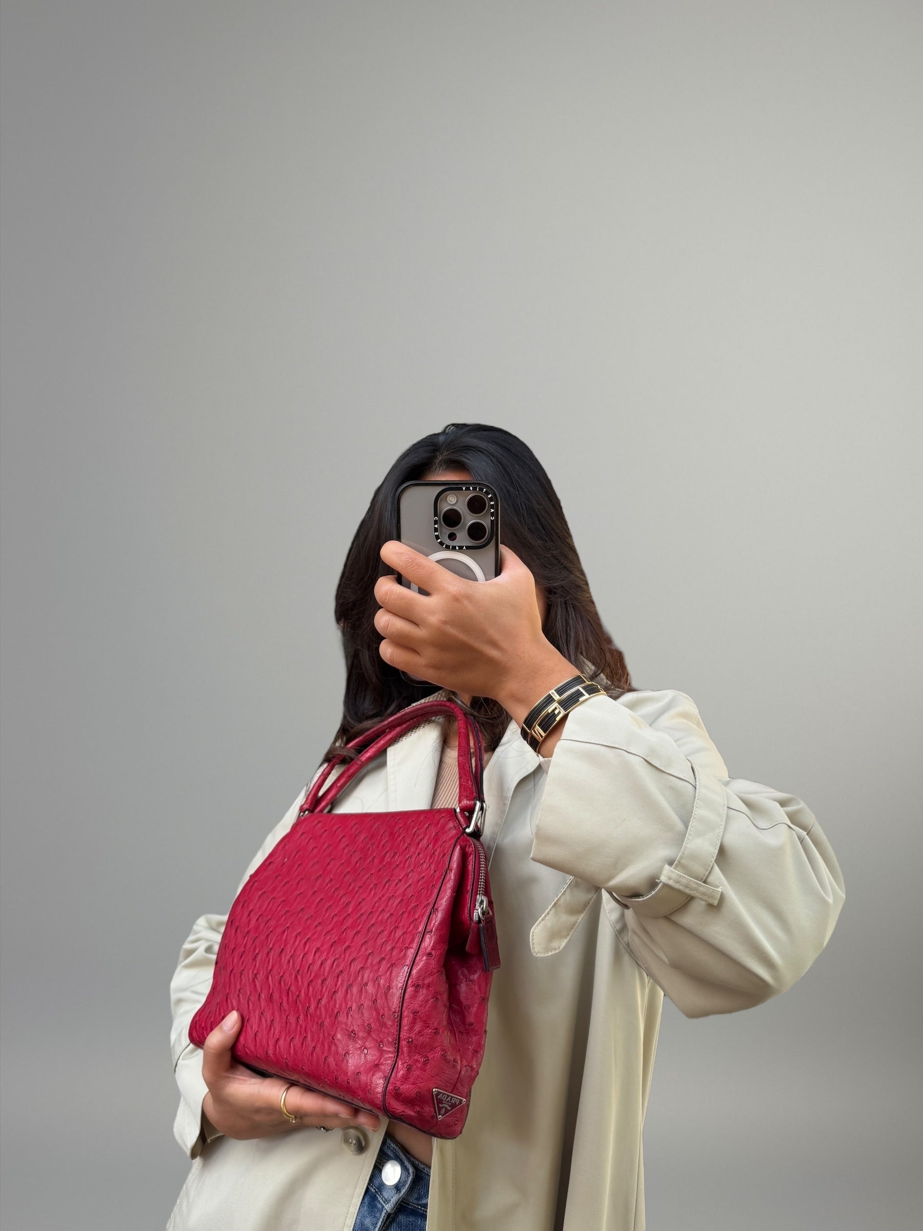 PRADA Borsa in pelle di struzzo rosso