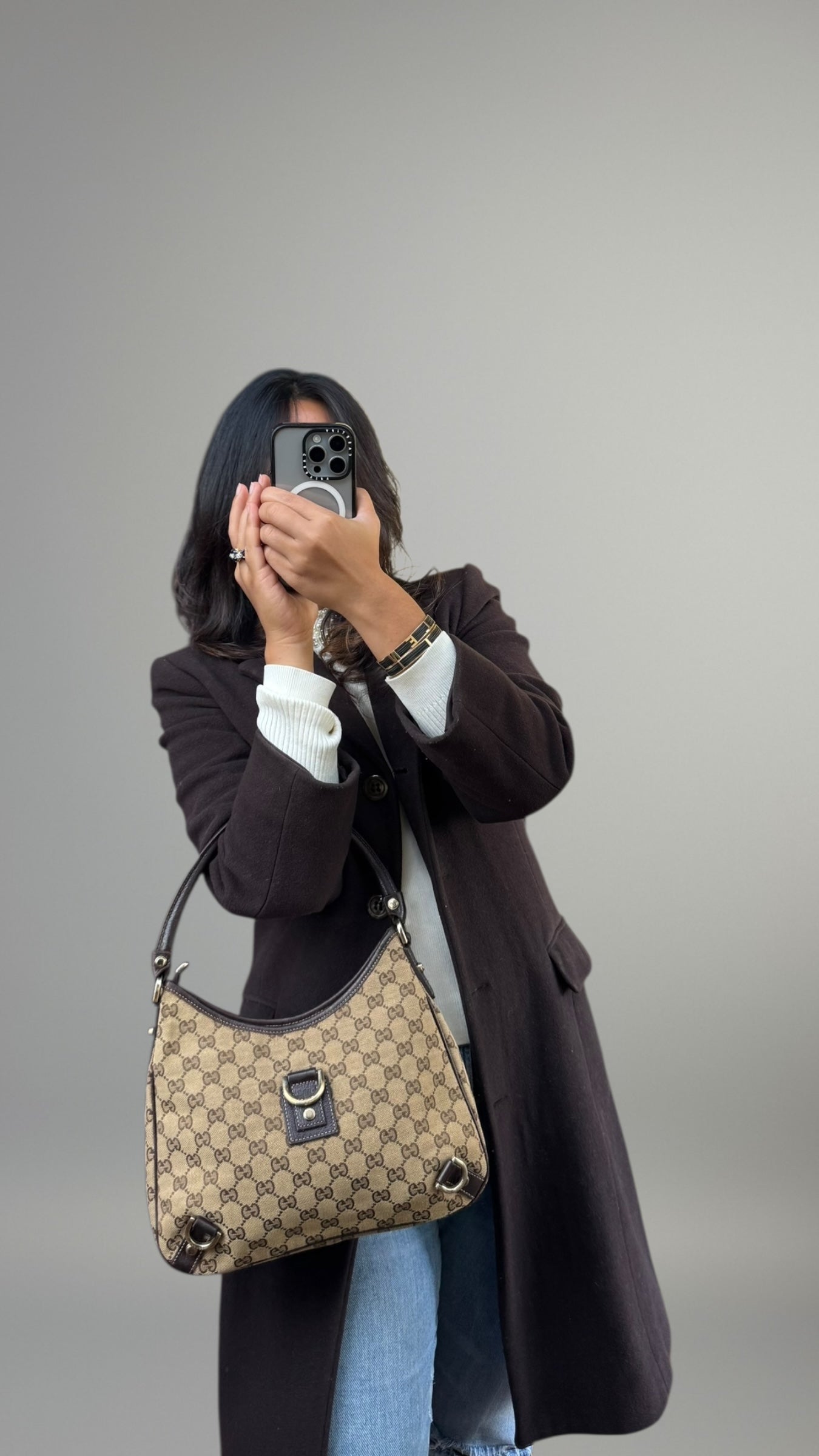 GUCCI Hobo D Ring GG Canvas Marrone