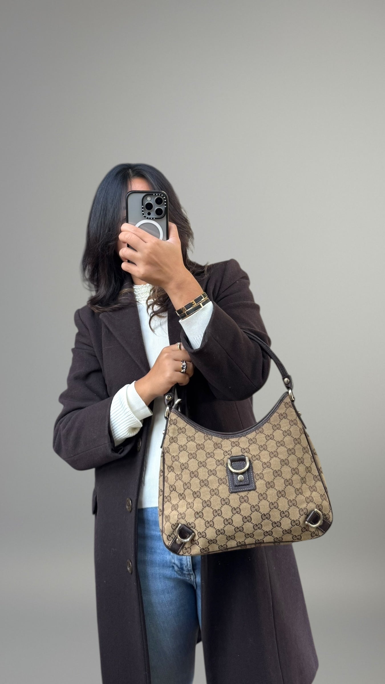 GUCCI Hobo D Ring GG Canvas Marrone