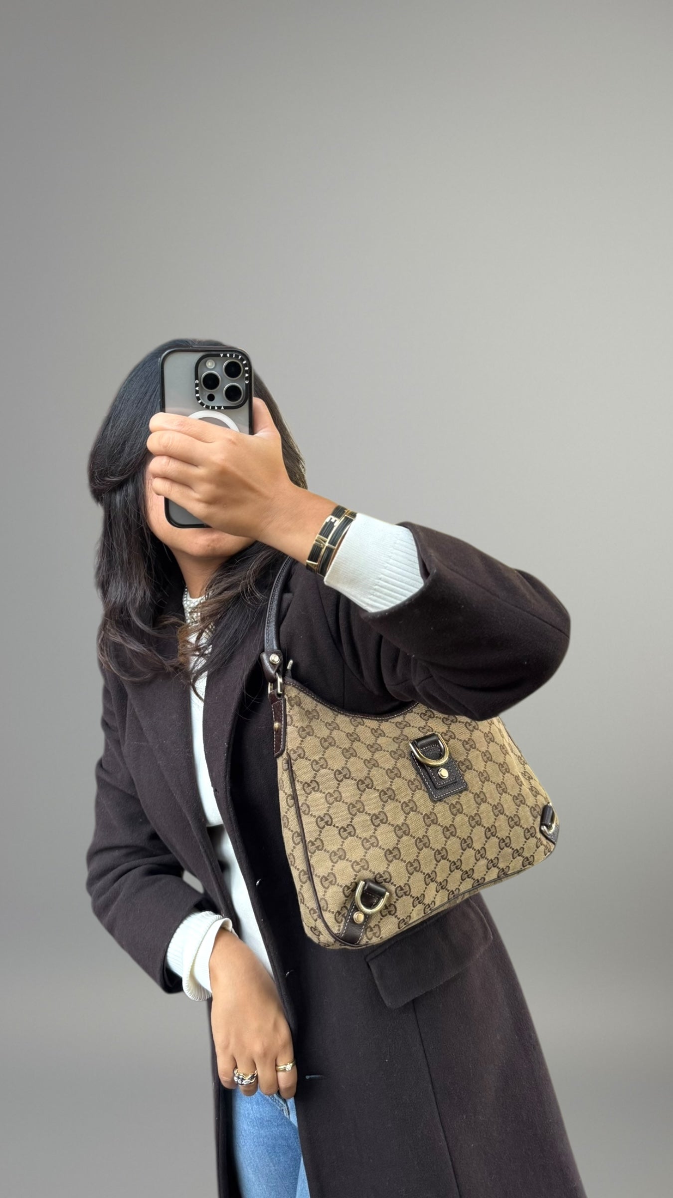 GUCCI Hobo D Ring GG Canvas Marrone