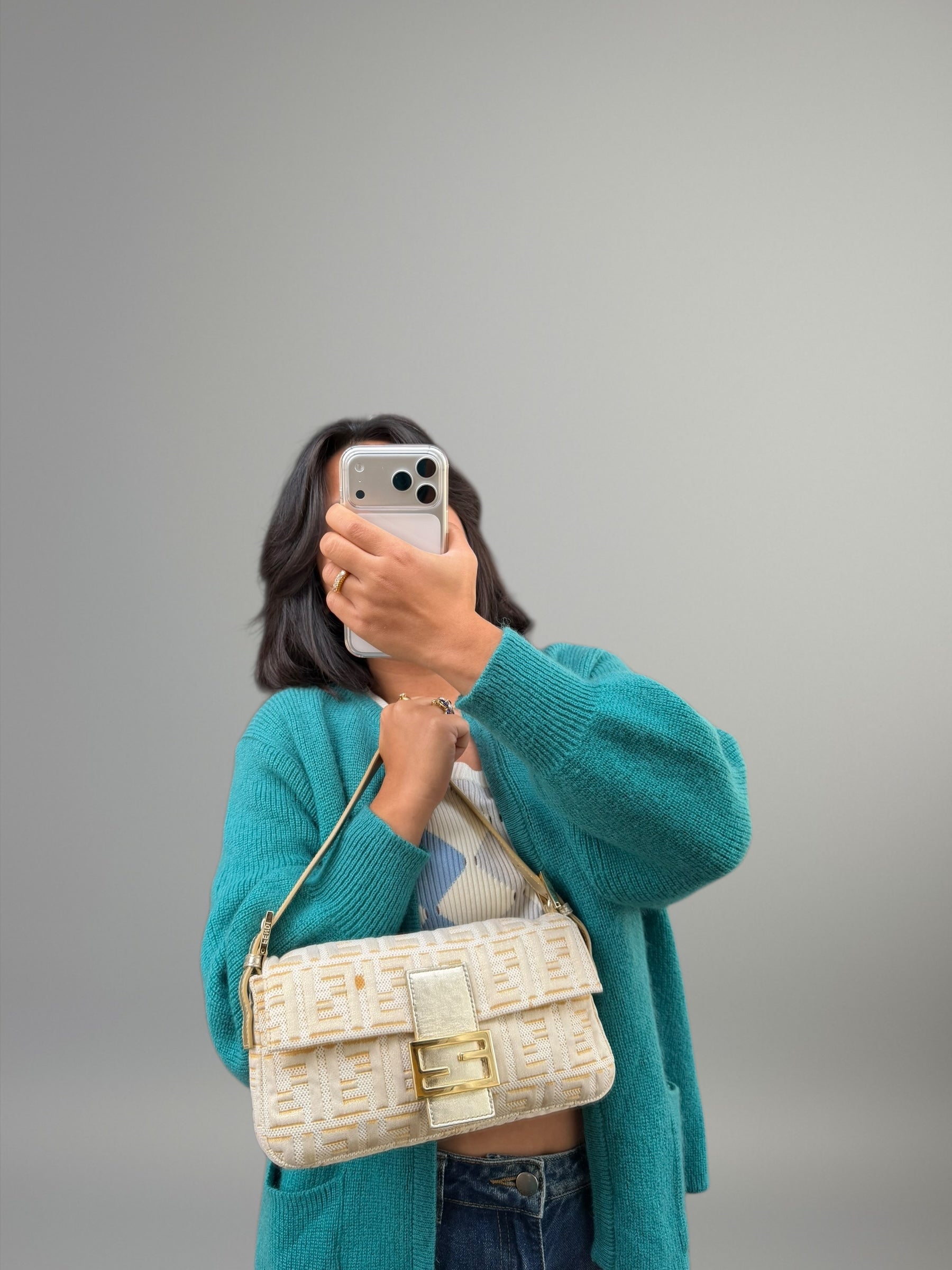 Fendi Baguette FF Jacquard Argento e Oro