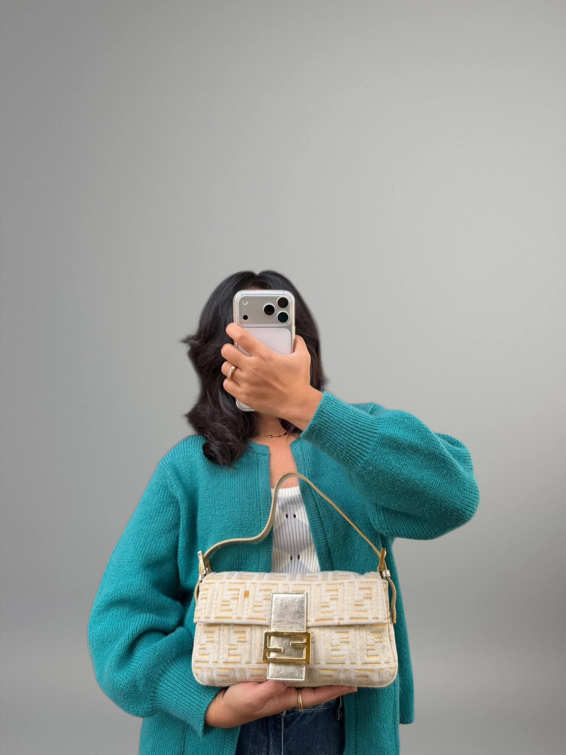 Fendi Baguette FF Jacquard Argento e Oro