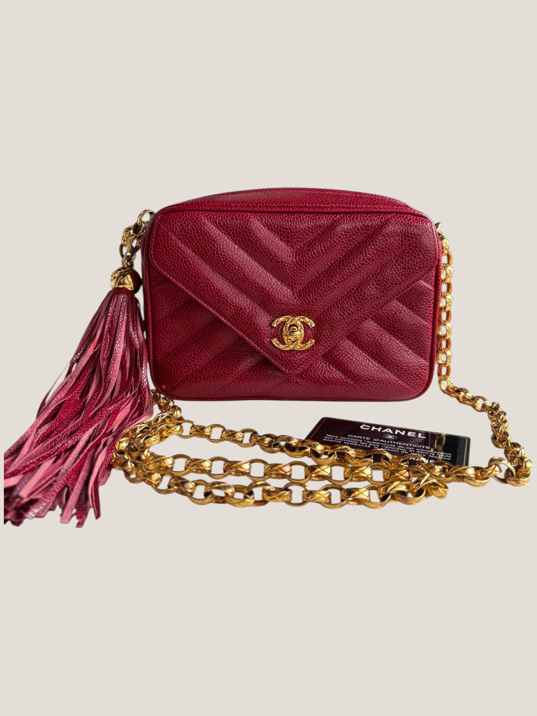 Chanel Vintage Camera Bag in Caviar Rosso con Frange