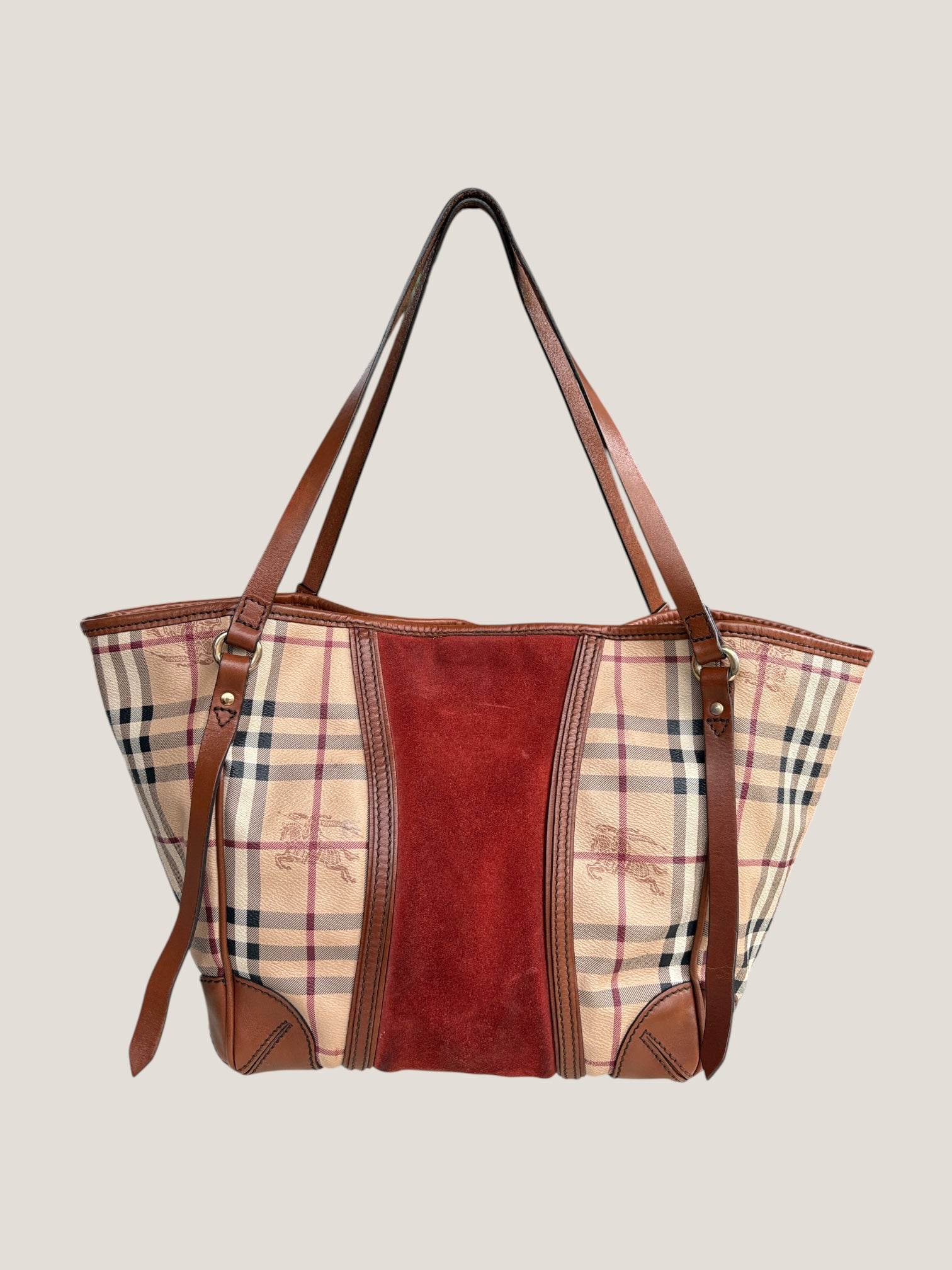 BURBERRY TOTE BAG CHECK & SUEDE BORDEAUX