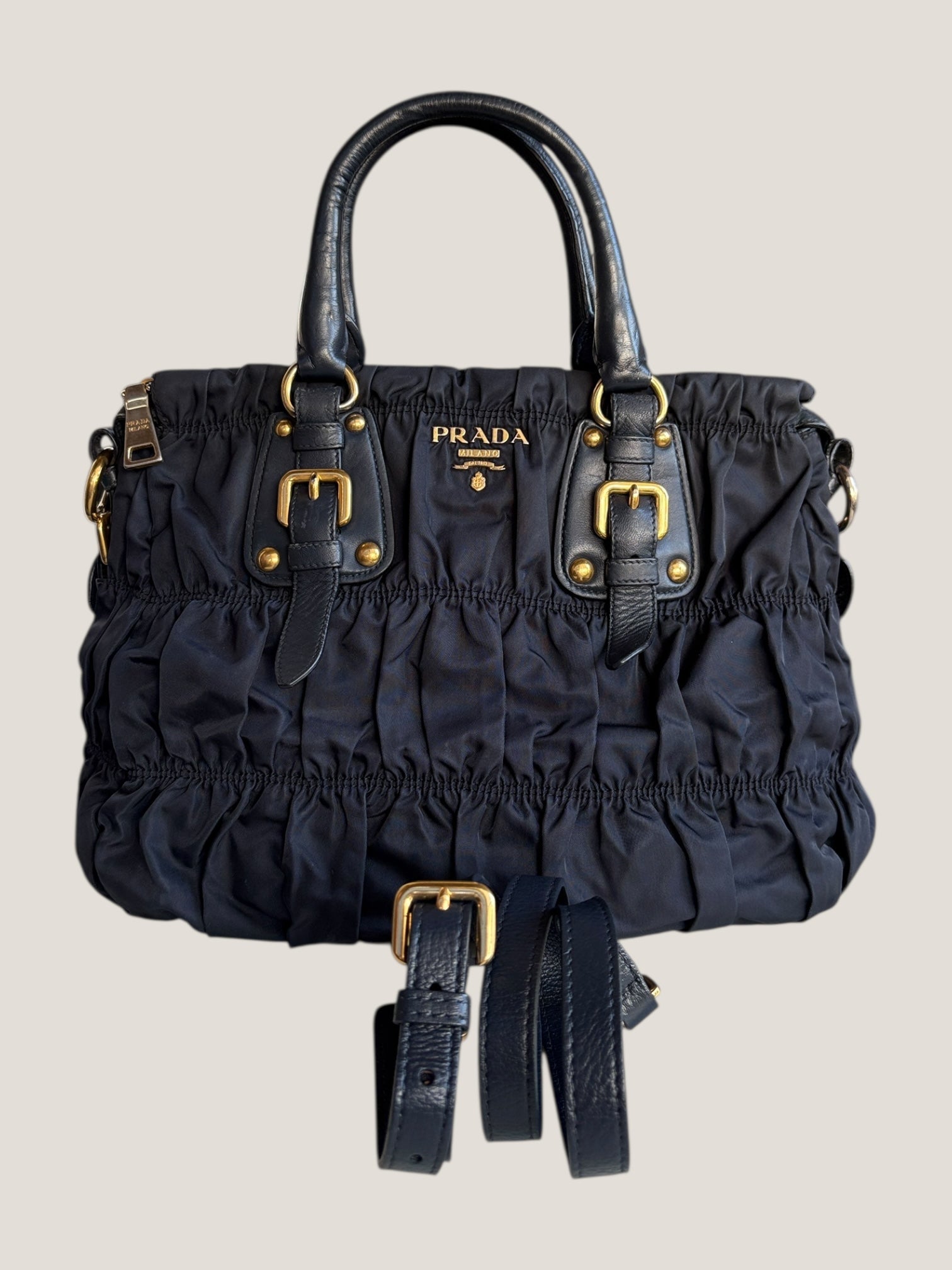 Prada Tote in Tessuto Blu con finiture in pelle e tracolla